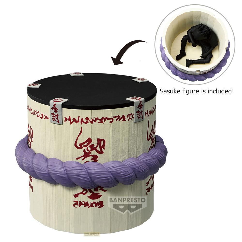 Contenitore rotondo con corda viola, scrittura giapponese e una figura di Sasuke.