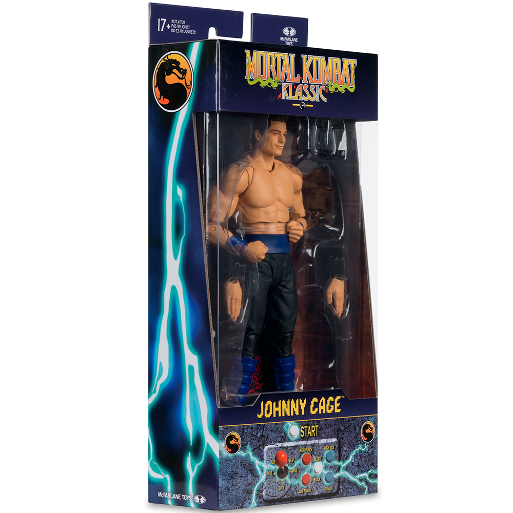 Action figure di Mortal Kombat Johnny Cage in scatola, con accenti blu e grafica del pannello di controllo arcade.