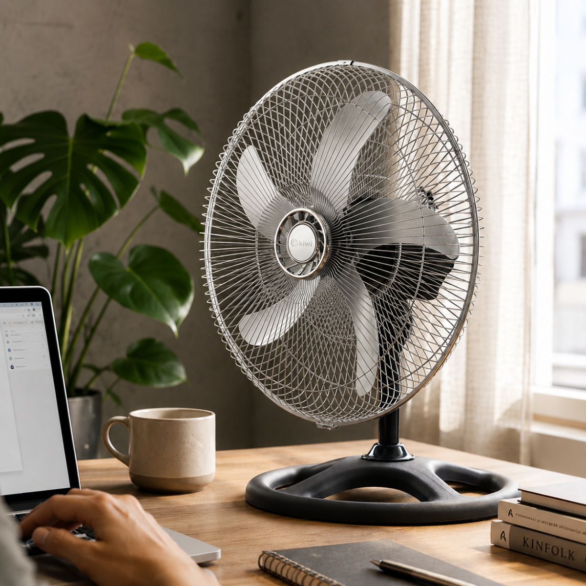 Un ventilatore oscillante argentato si trova su una scrivania di legno accanto a un laptop e una tazza.