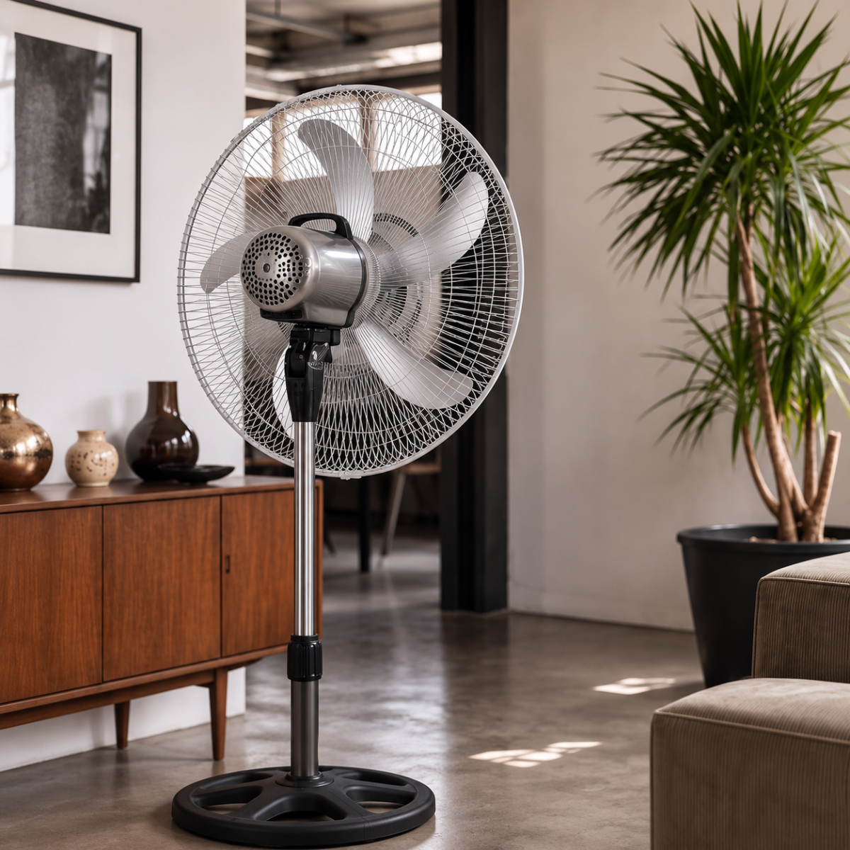 Un ventilatore da terra argentato si trova su un pavimento in cemento davanti a un mobile in legno con vasi.