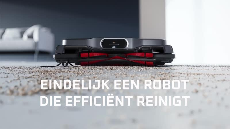 Un robot aspirapolvere nero con spazzole rosse pulisce un pavimento sporco.