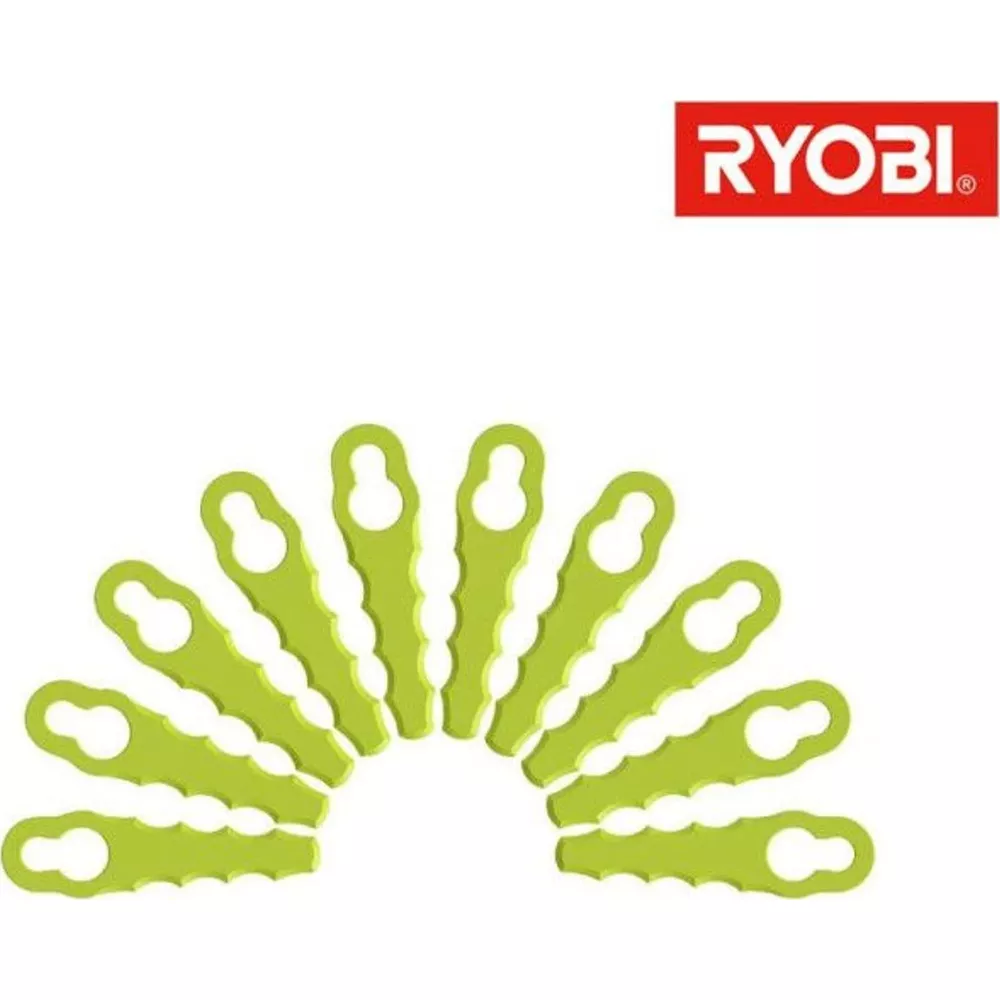 Grüner Ryobi Rasentrimmer-Ersatzklingen, fächerförmig angeordnet.