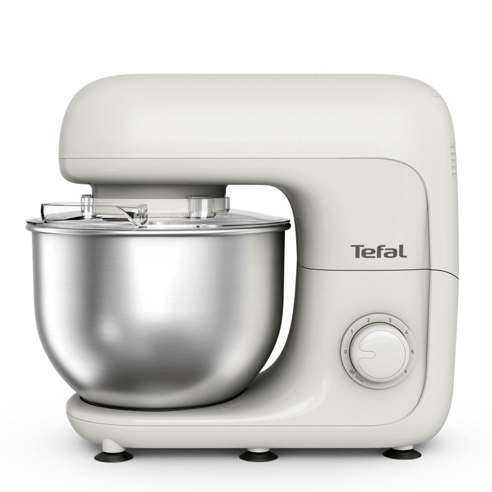 Ein weißer Tefal Standmixer mit Edelstahlschüssel und Geschwindigkeitsregler.