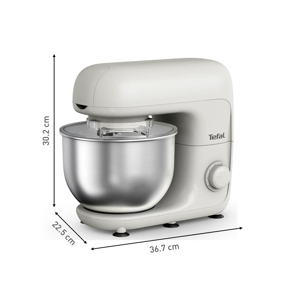 Ein cremefarbener Tefal-Küchenmixer mit Edelstahlschüssel.