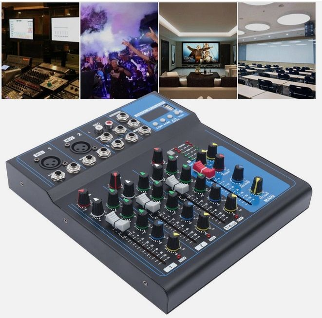 Un mixer con fader e manopole, accanto a quattro scene: studio di registrazione, concerto, home cinema e aula magna.