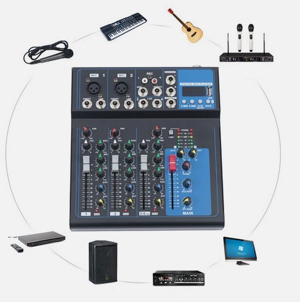 Un mixer con microfoni, chitarra, tastiera, altoparlante e computer.