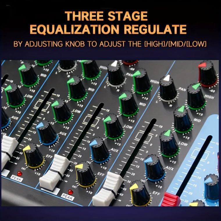 Primo piano della superficie di un mixer con numerose manopole e cursori.