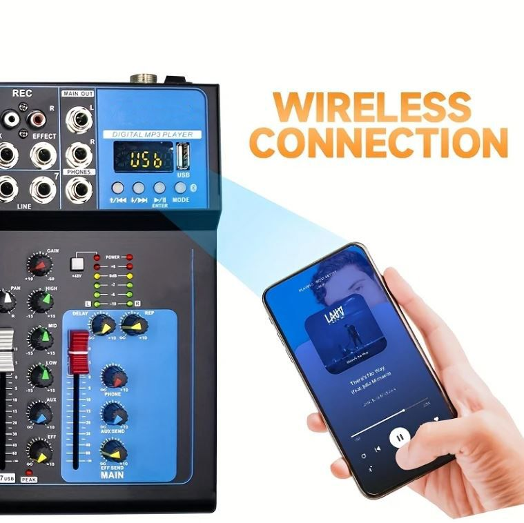 Un mixer si collega in modalità wireless a uno smartphone che riproduce musica.