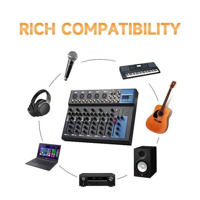 Mixer audio con microfono, cuffie, laptop, chitarra, amplificatore e altoparlante.