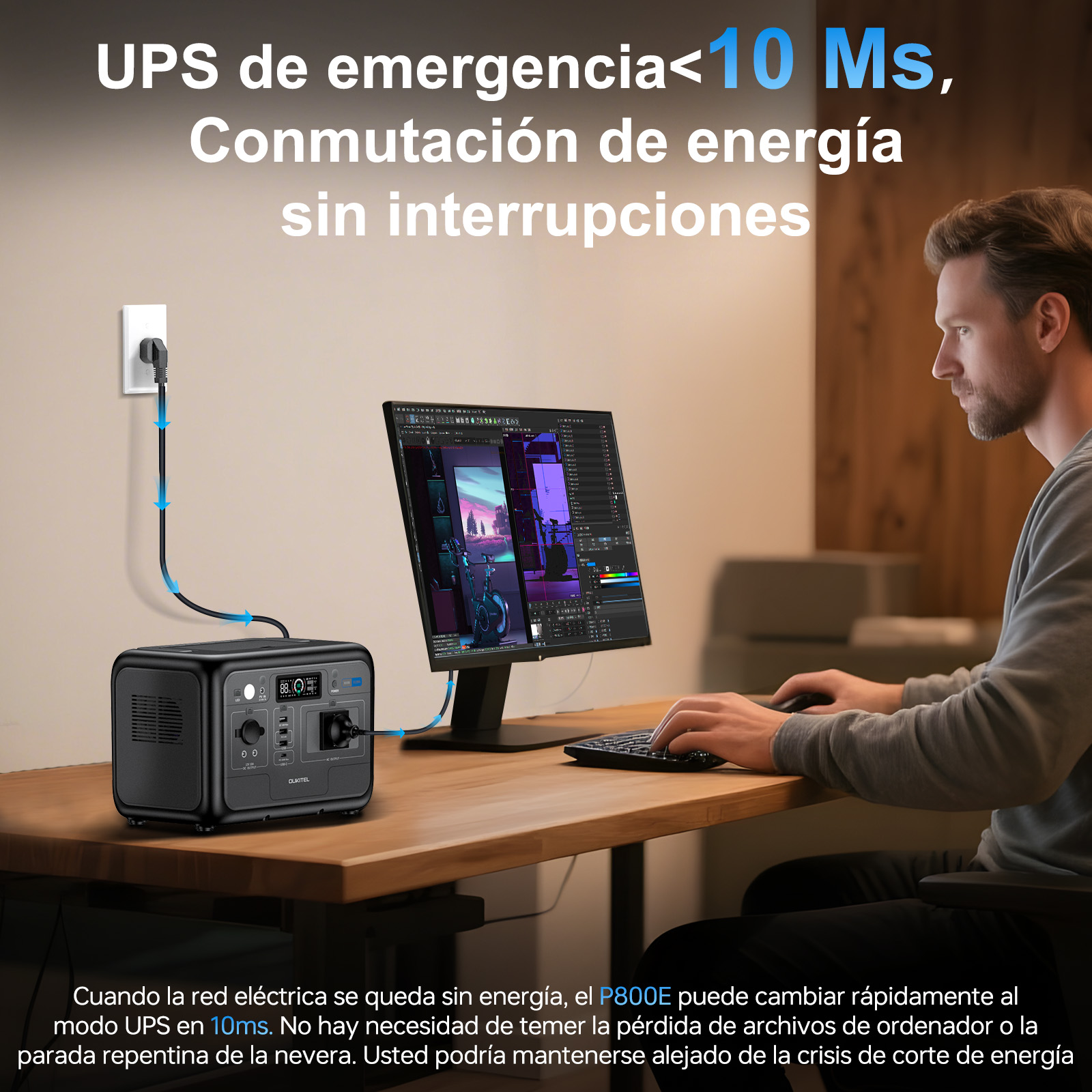 Un hombre trabaja en un ordenador conectado a un dispositivo UPS negro enchufado a la pared.