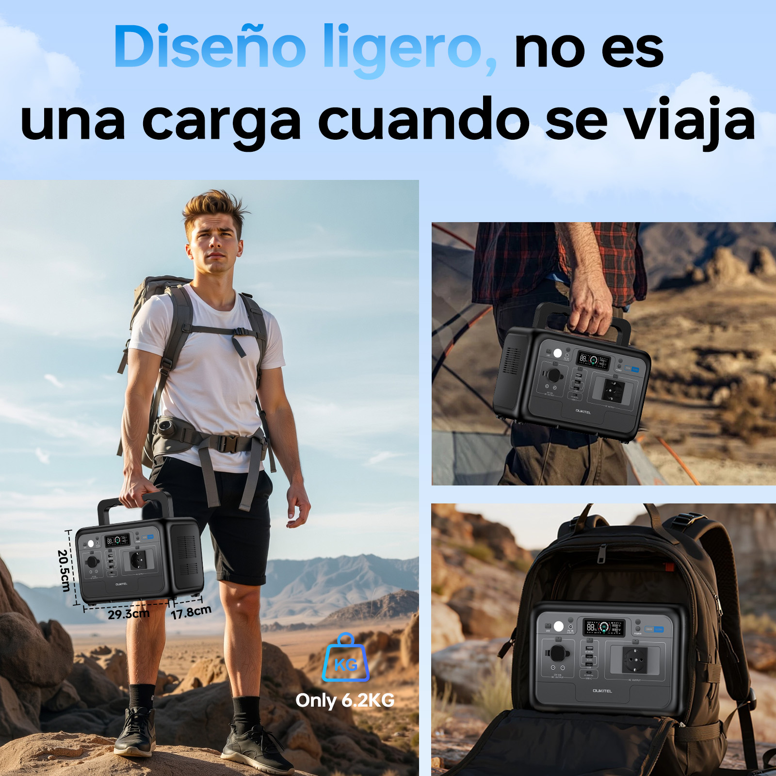 Hombre con mochila sostiene una central eléctrica portátil al aire libre, se muestran dimensiones.