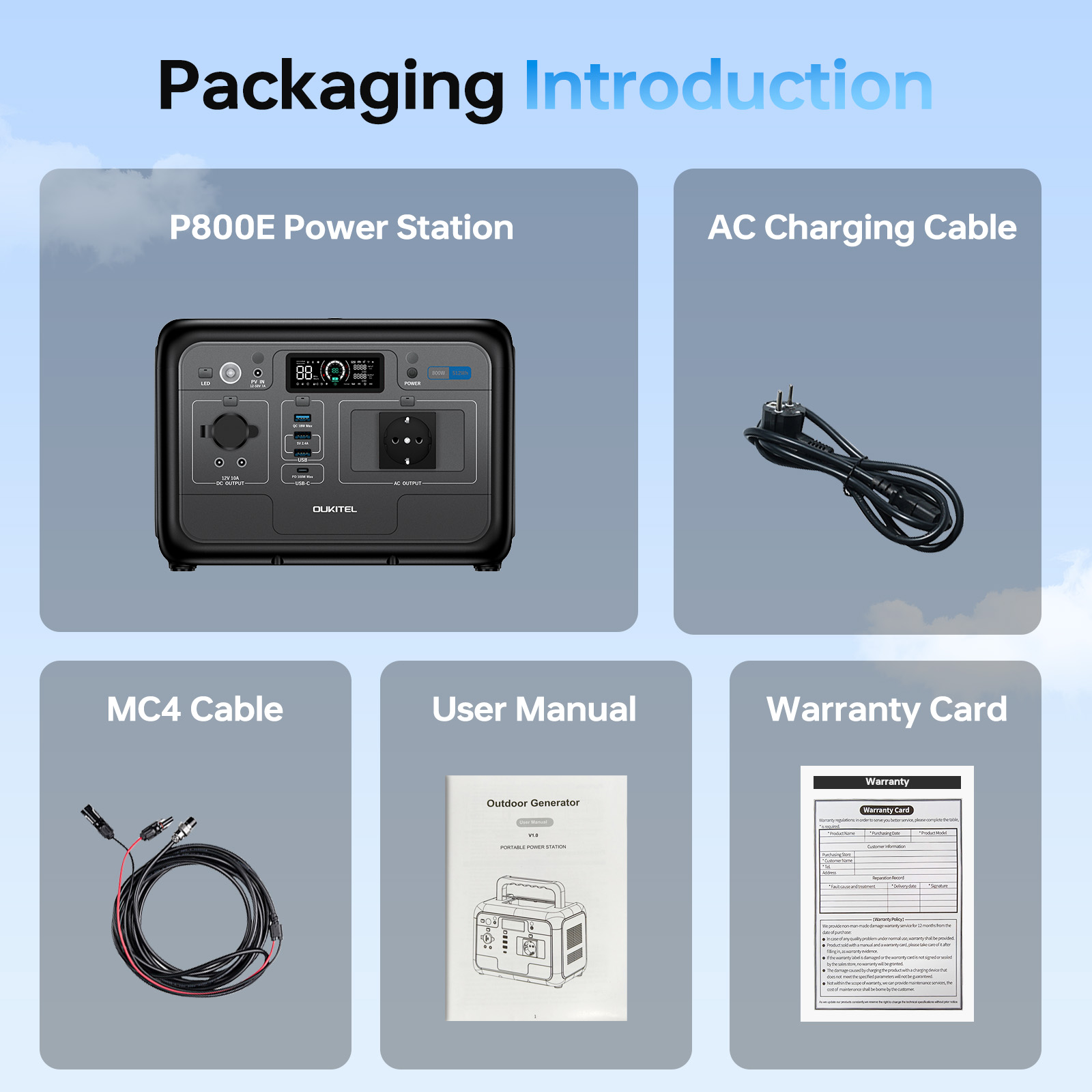 Embalaje: estación de energía, cable de carga, cable MC4, manual de usuario, tarjeta de garantía.