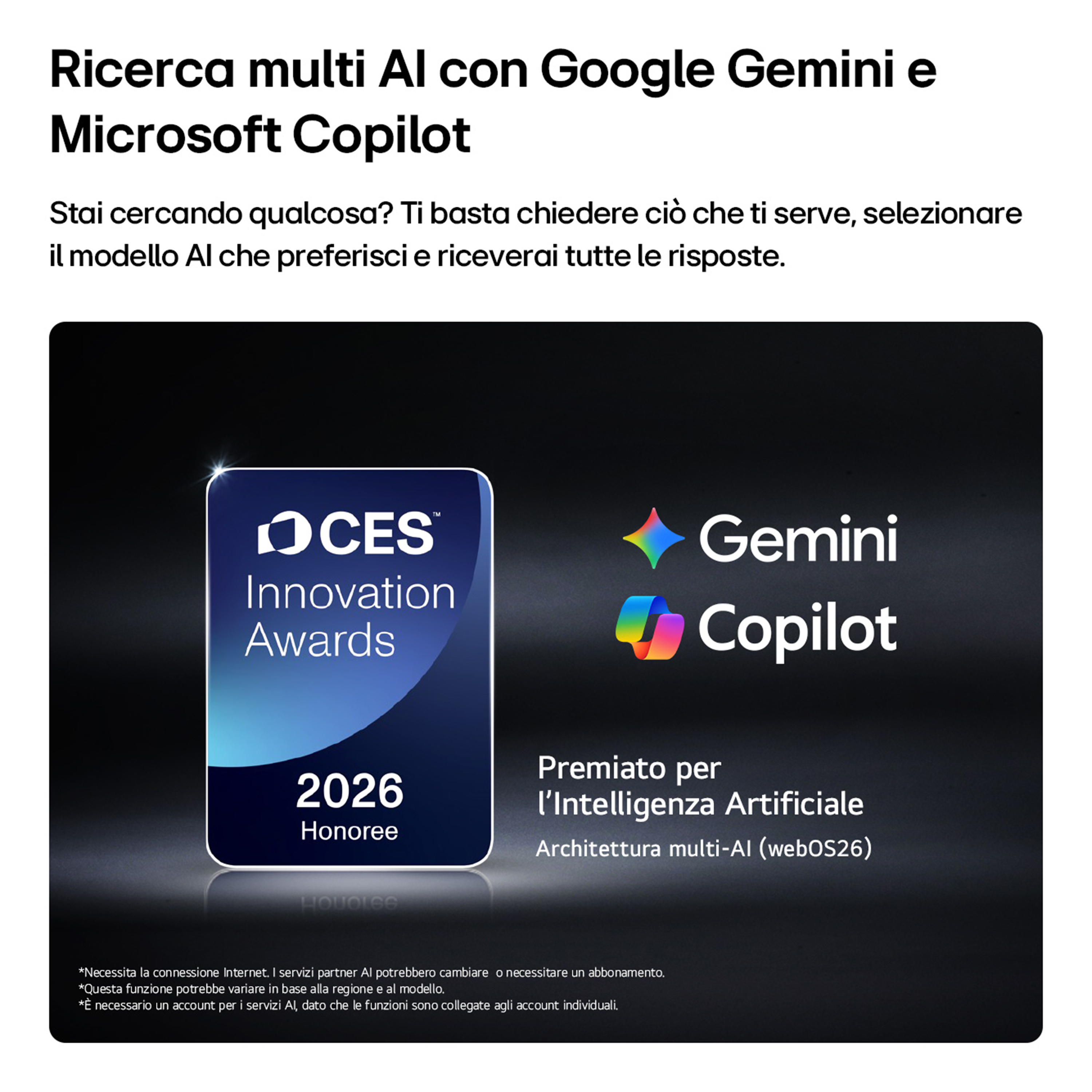 L'immagine mostra i loghi dei CES Innovation Awards, Gemini e Copilot.