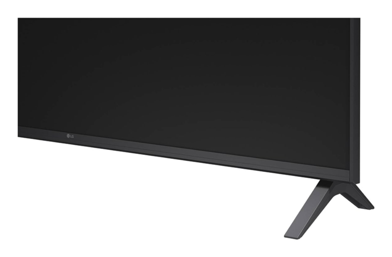 Un televisore LG nero con un supporto su sfondo bianco.