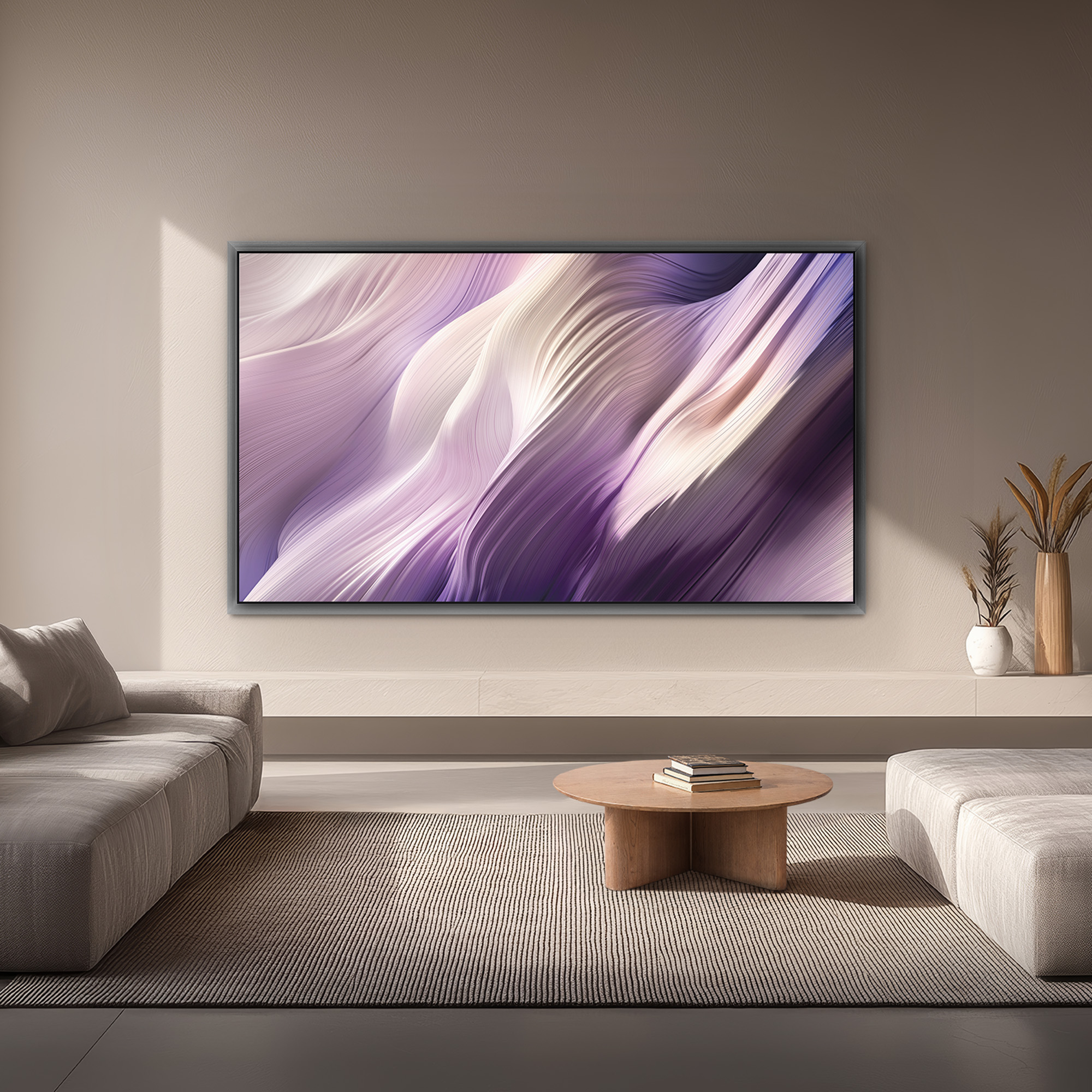 Un soggiorno moderno con un grande televisore che mostra un'immagine astratta.
