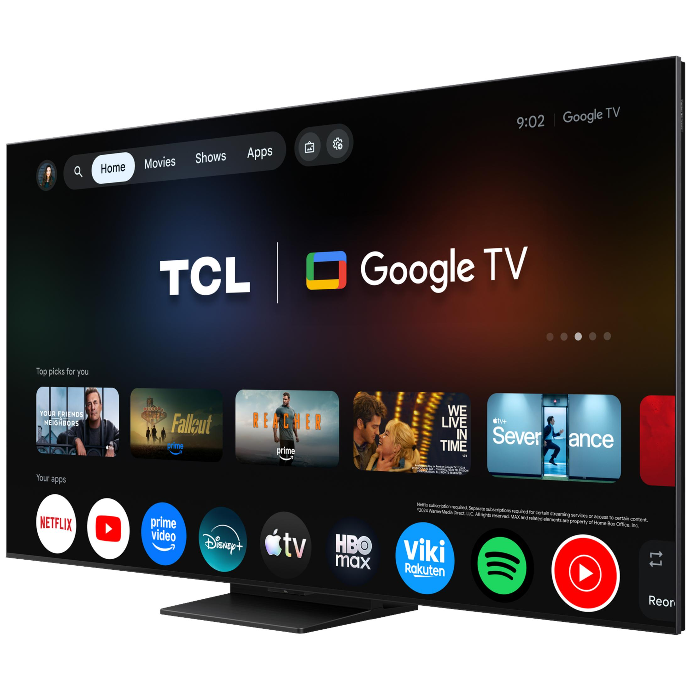 Una TCL Google TV mostra un'interfaccia con icone di film e app. Il lato sinistro mostra le app Netflix, YouTube e Prime Video.