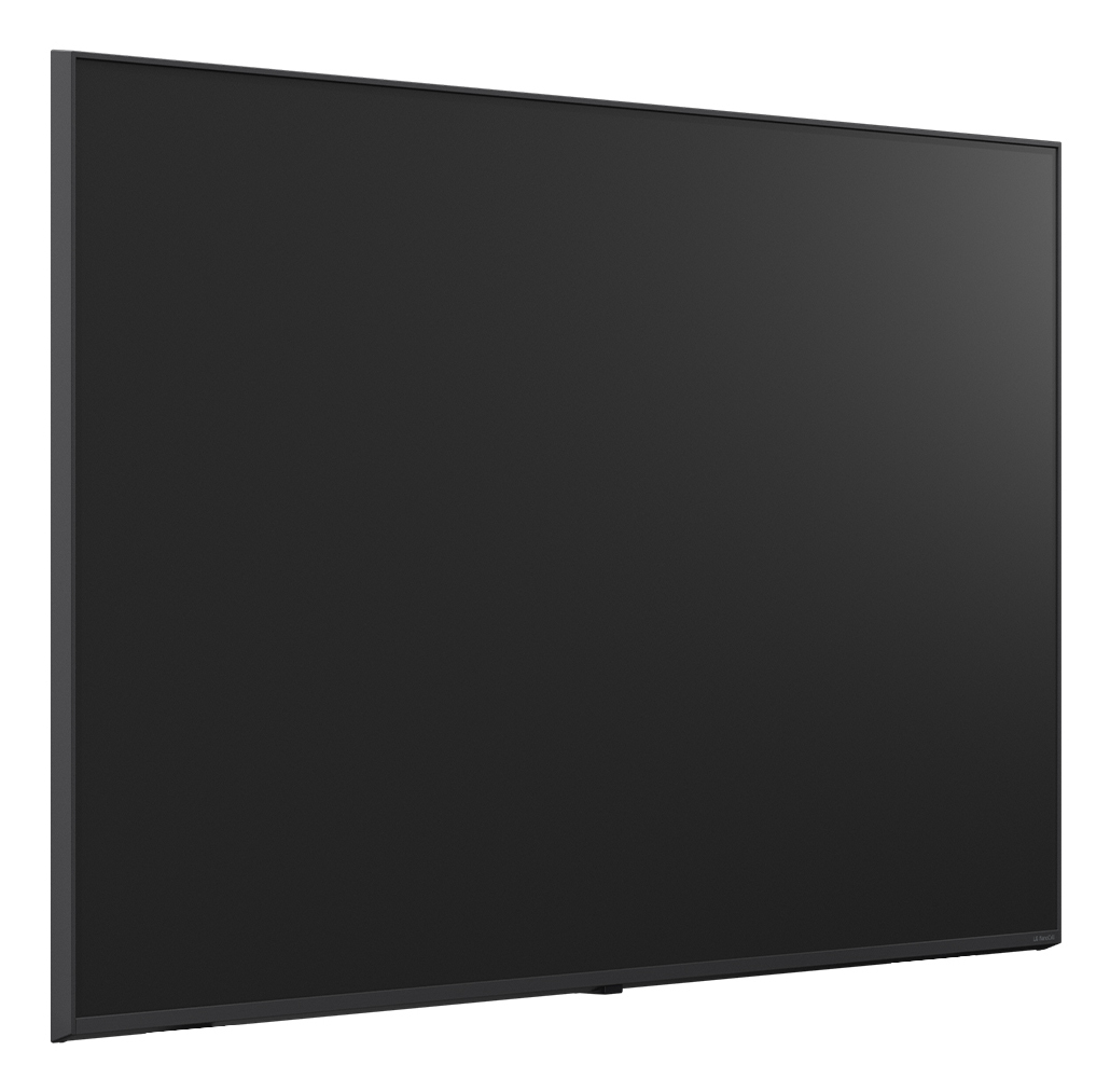 Un grande display rettangolare nero con cornice sottile, visto di lato.