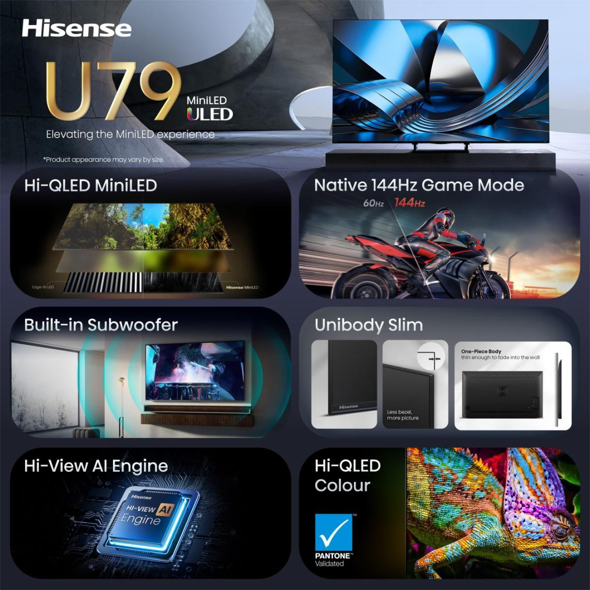 Pubblicità TV Hisense U79: MiniLED, 144Hz, subwoofer, AI e colori.