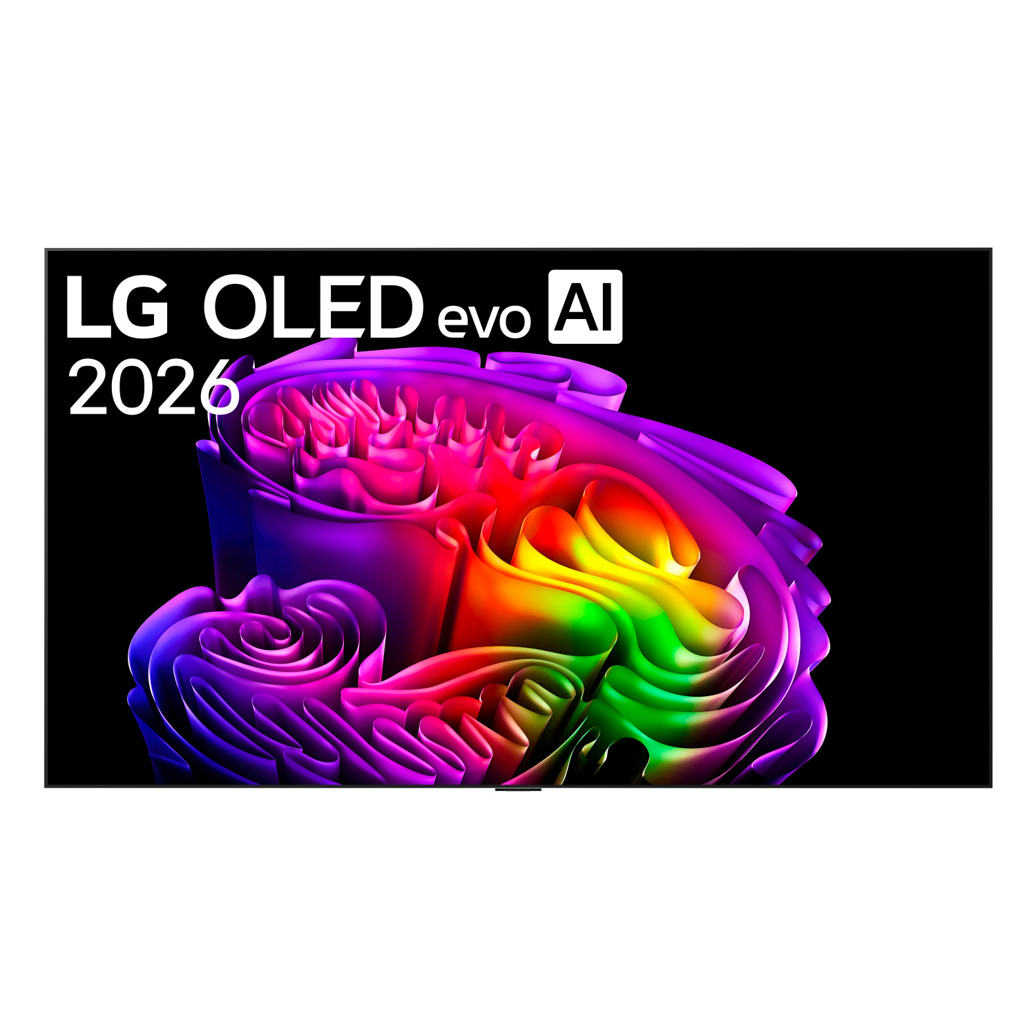 LG OLED evo AI 2026 con forme astratte colorate su sfondo nero.