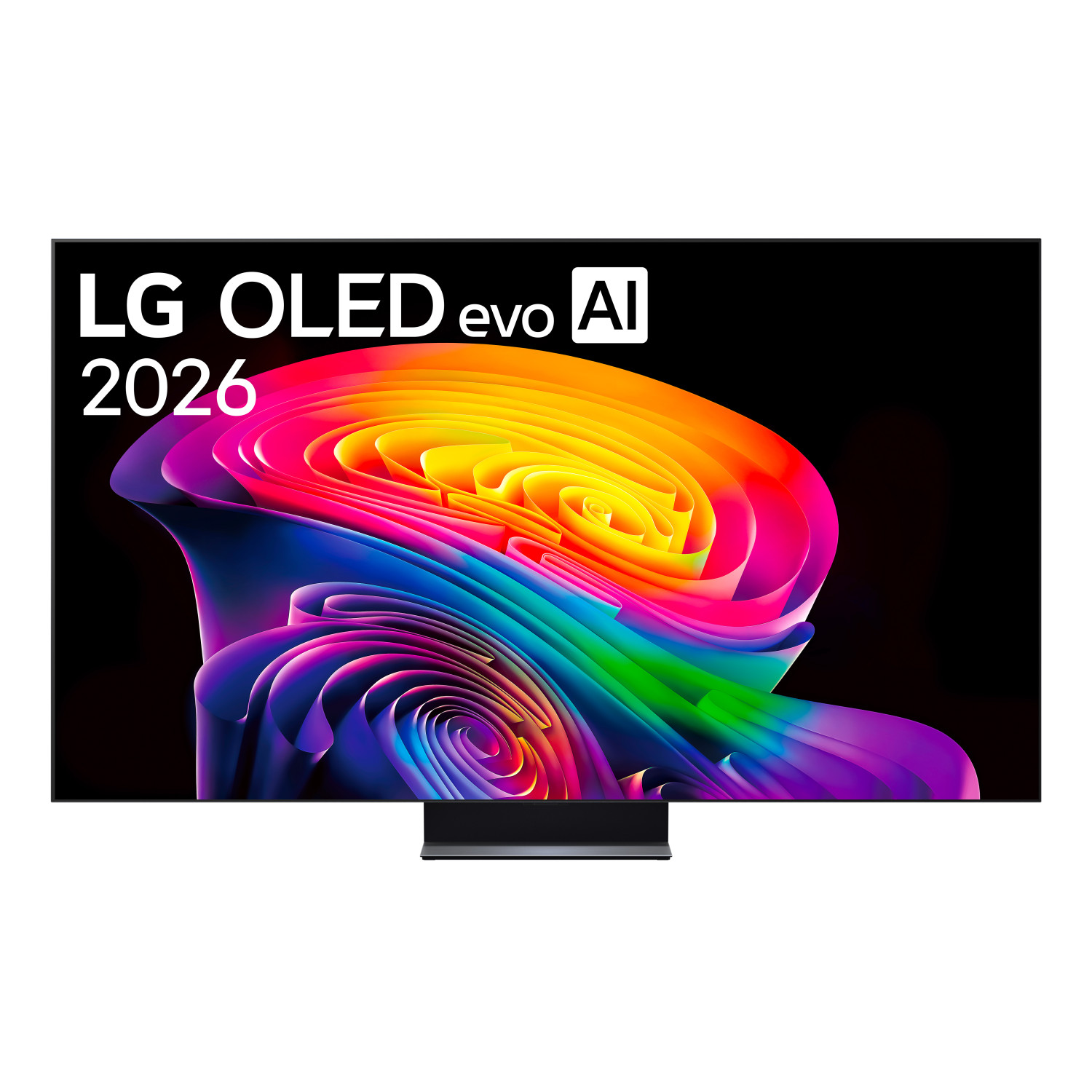 Un televisore LG OLED evo AI 2026 che visualizza un motivo colorato e vorticoso sullo schermo.