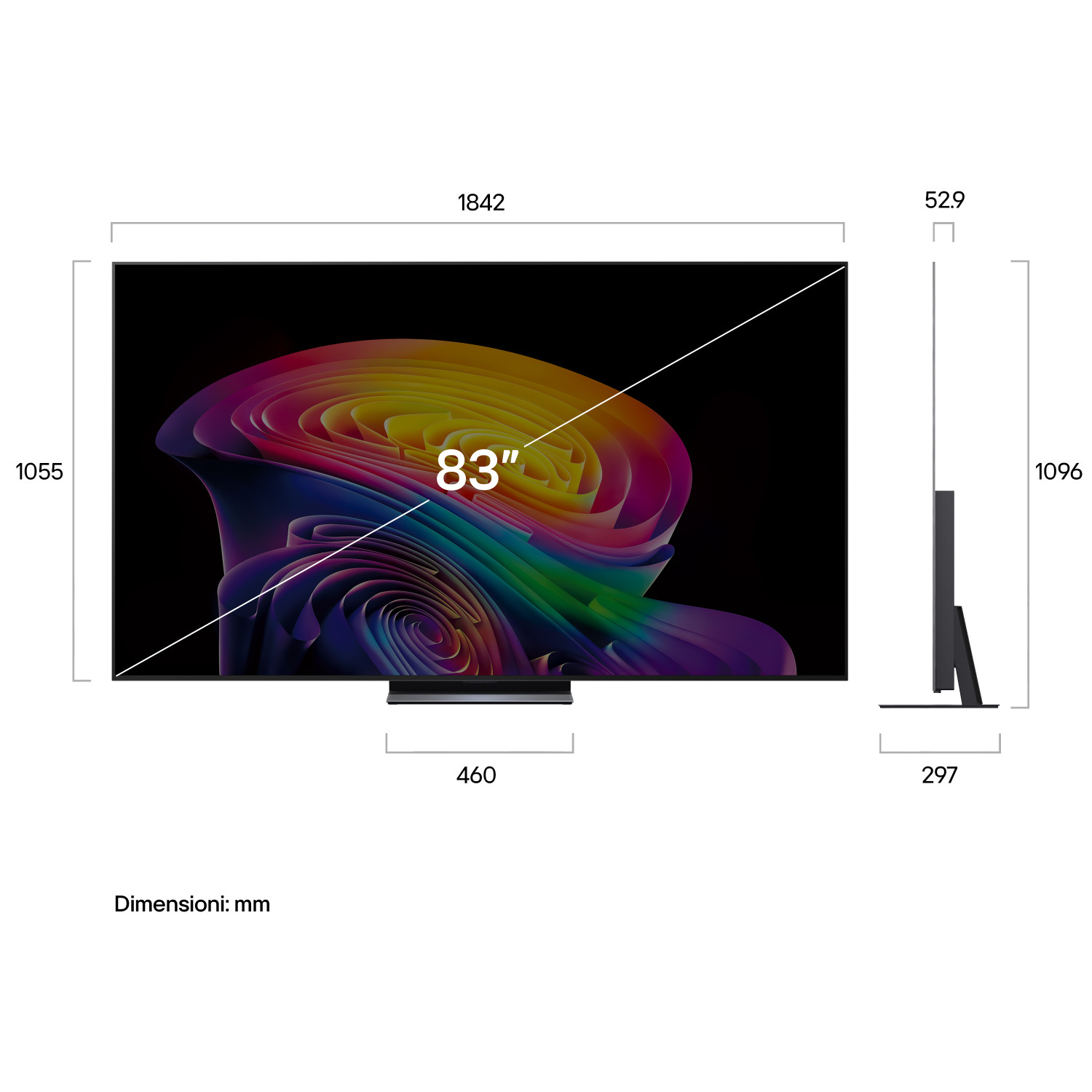 TV da 83 pollici con display astratto colorato. Dimensioni: 1842x1055x52,9mm, profondità base 297mm.