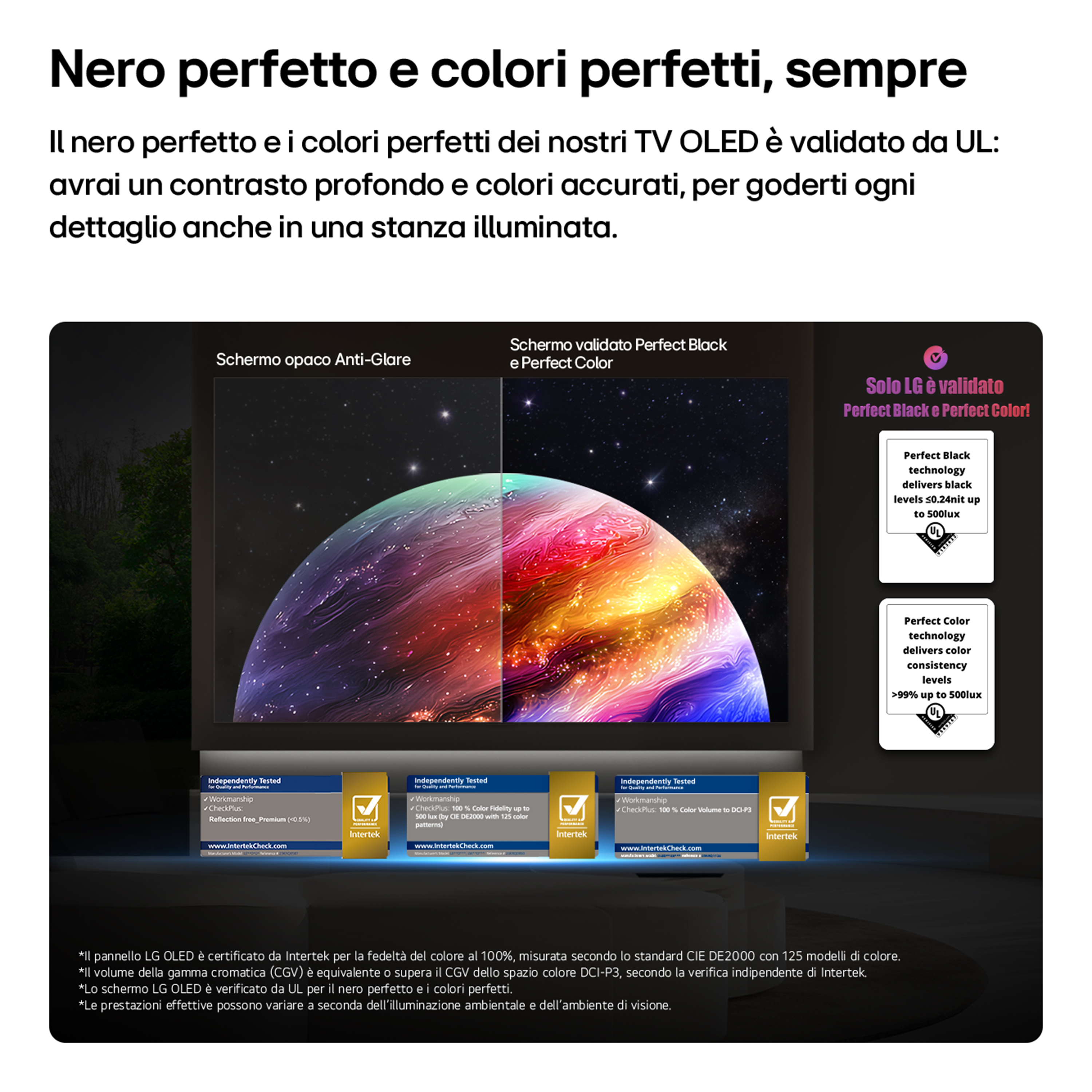 TV LG OLED con nero perfetto e colori perfetti, certificato da Intertek e UL.
