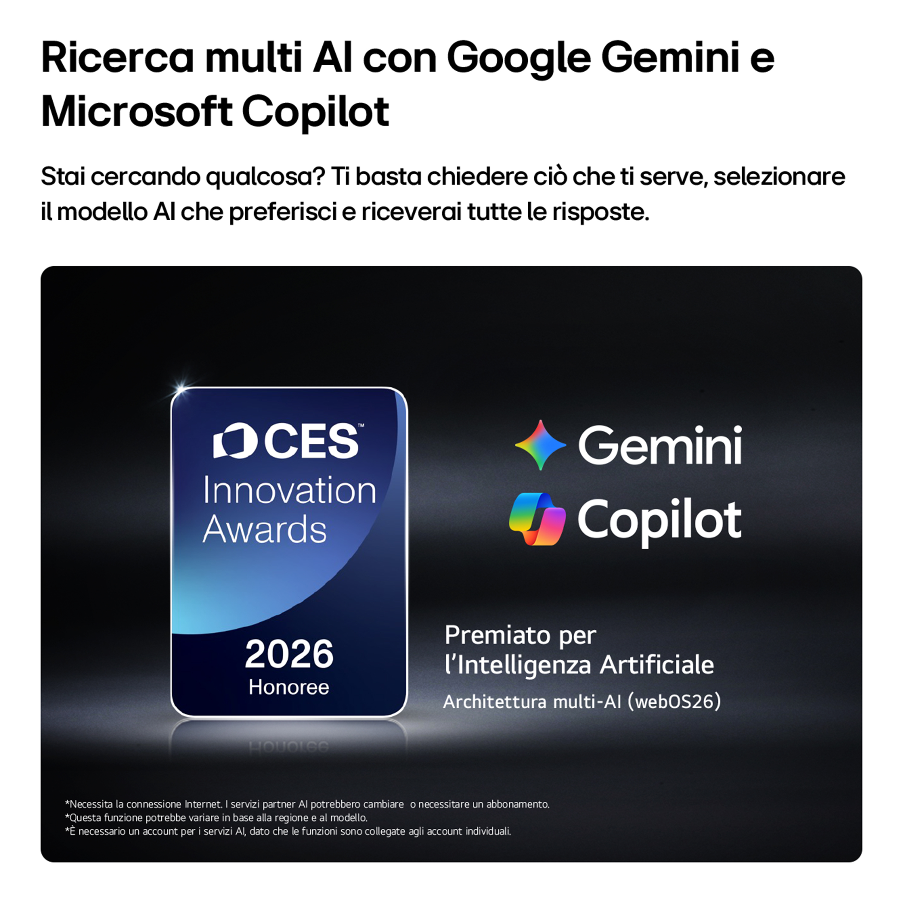 Schermo con Google Gemini e Microsoft Copilot. CES Innovation Award 2026.