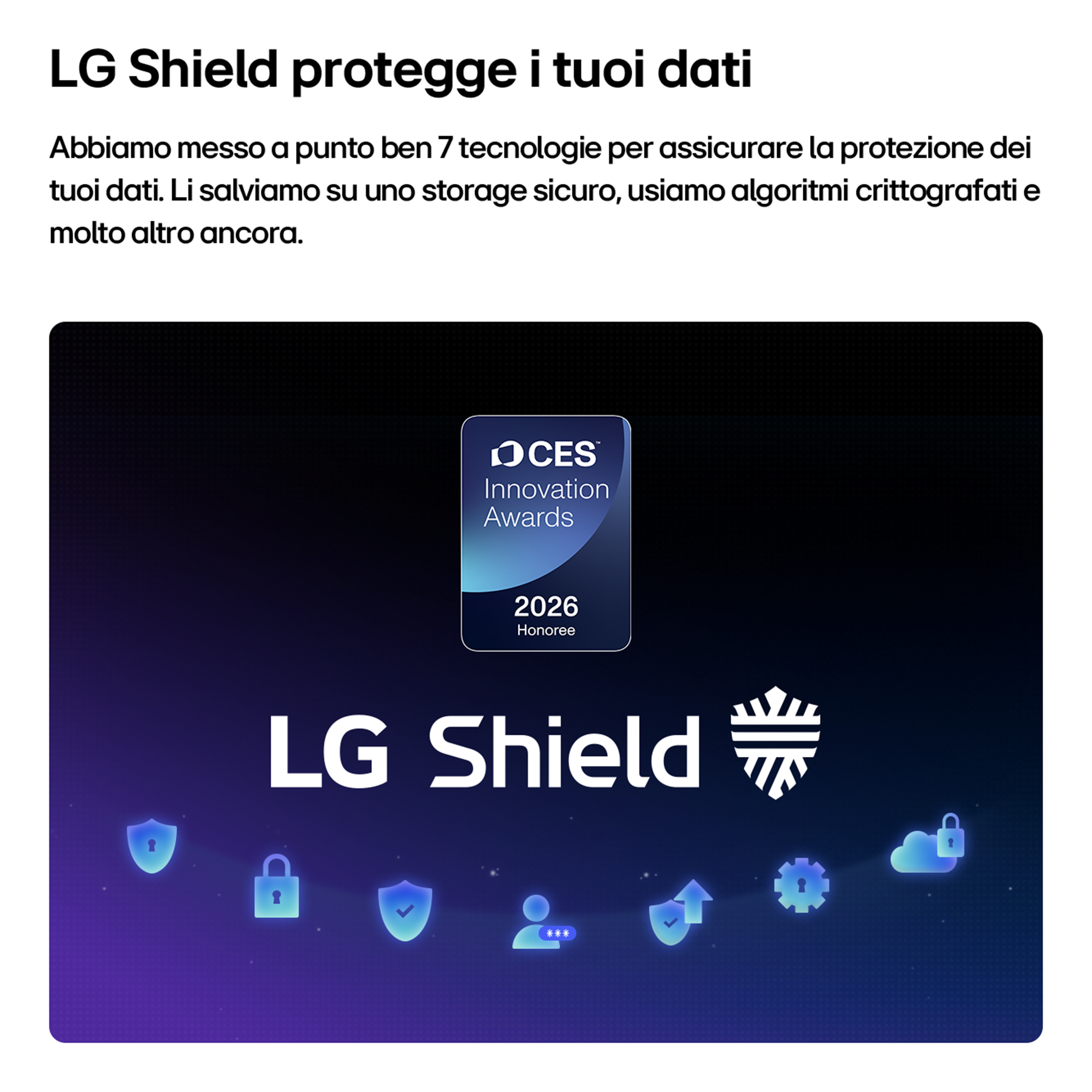 LG Shield CES Innovation Award 2026. Icone mostrano sicurezza e dati.