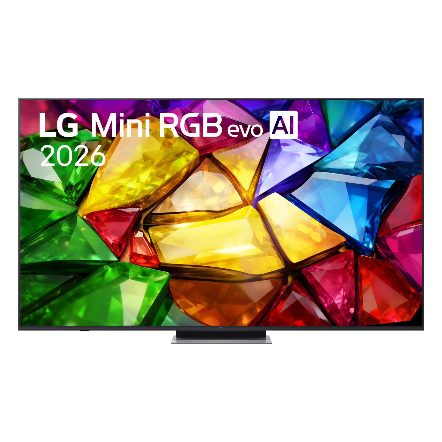 Una TV LG con un vibrante motivo di gemme colorate e testo. "LG Mini RGB evo AI 2026"