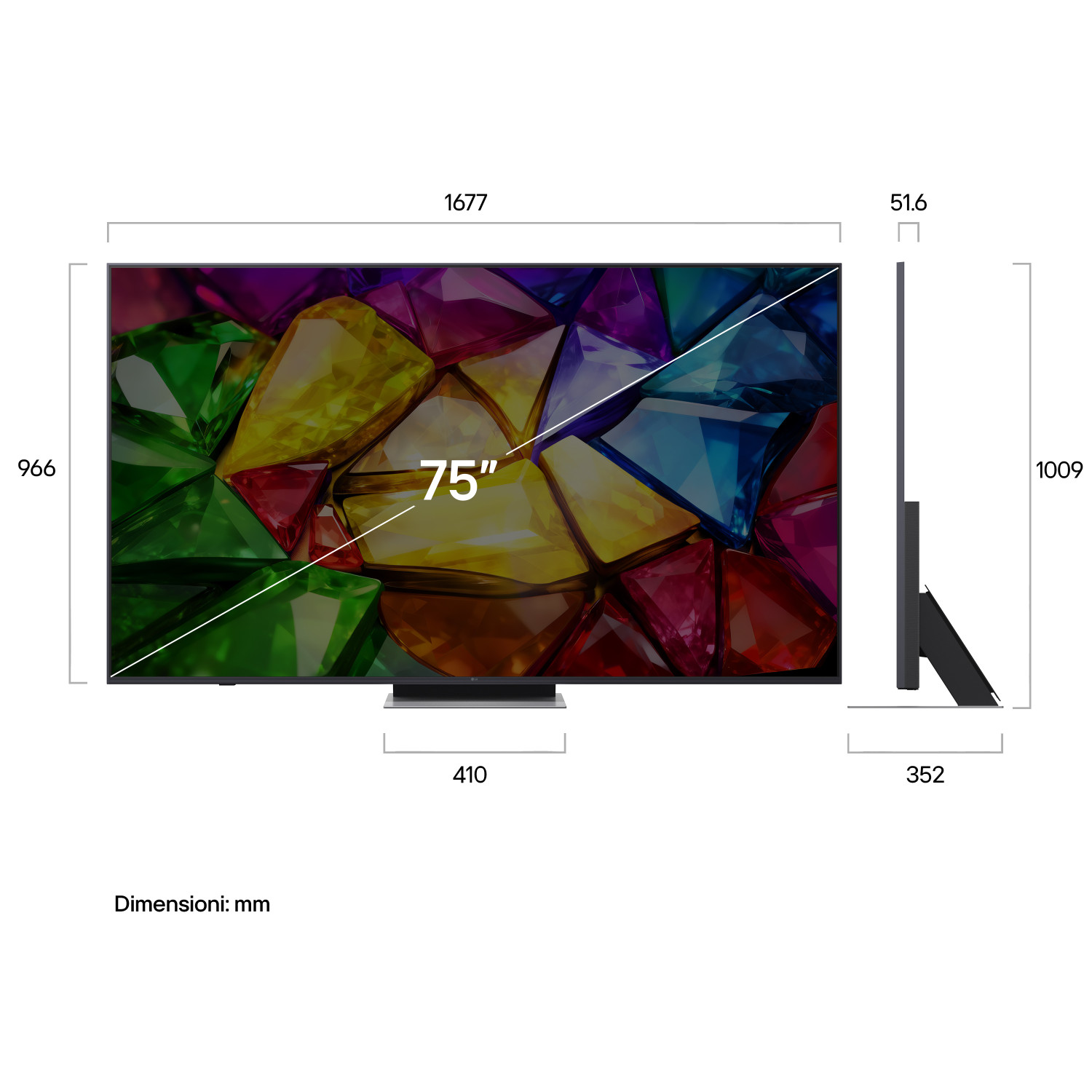Un televisore da 75 pollici con gemme colorate come sfondo, con dimensioni in mm.