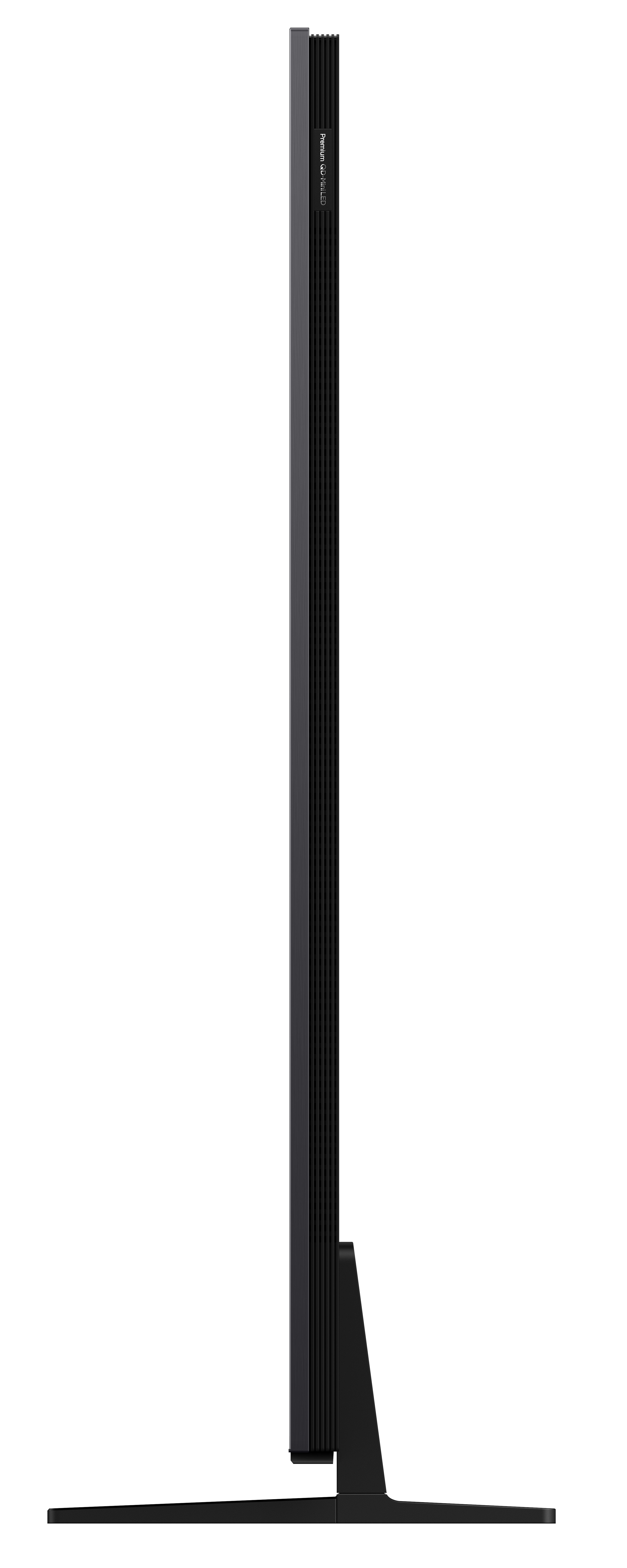 Una TV nera e sottile con supporto stretto, sfondo bianco.