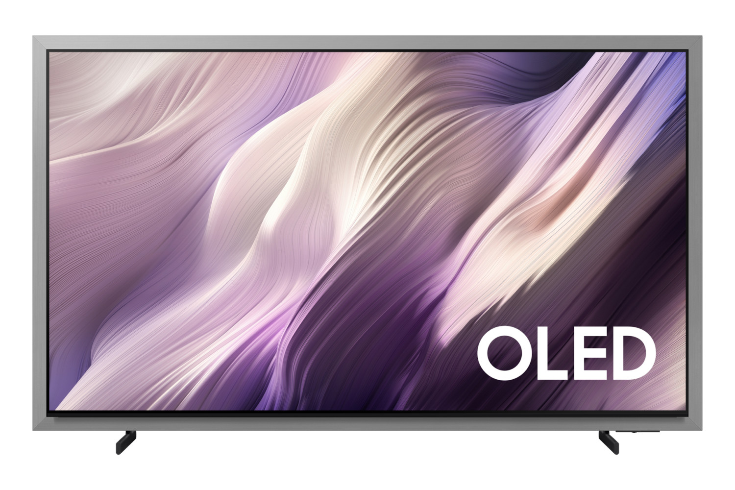 Una TV moderna con cornice grigia che mostra un'animazione astratta viola/bianca.