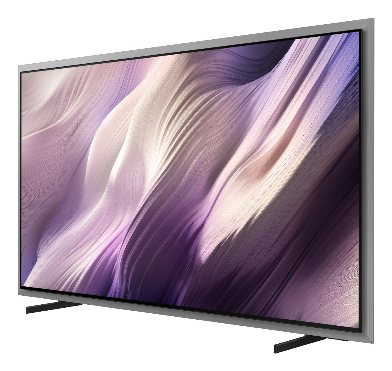 Una TV moderna con cornice argentata su sfondo bianco.
