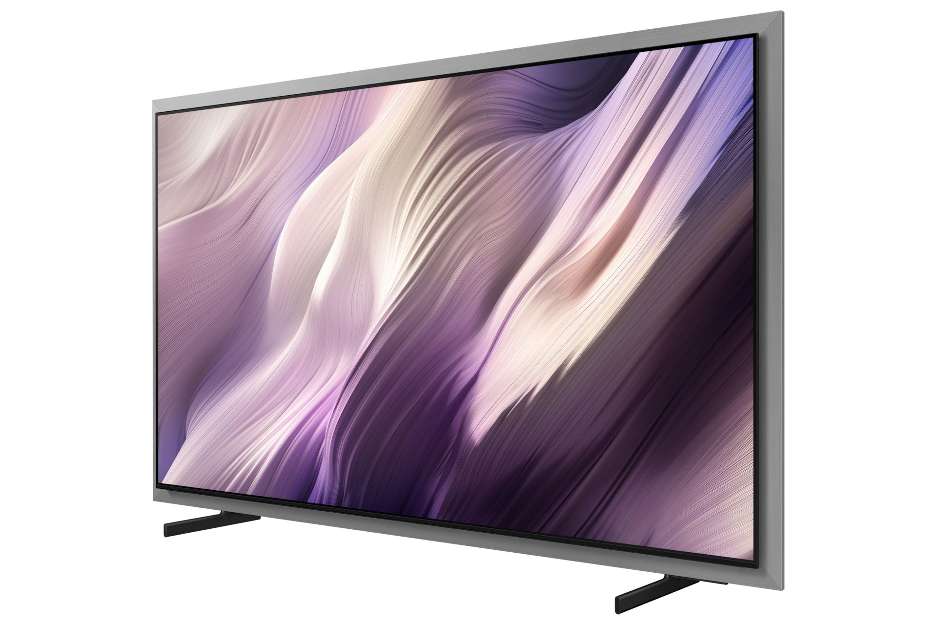 Una TV moderna a schermo piatto con cornice argentata, che mostra grafica astratta viola e crema.