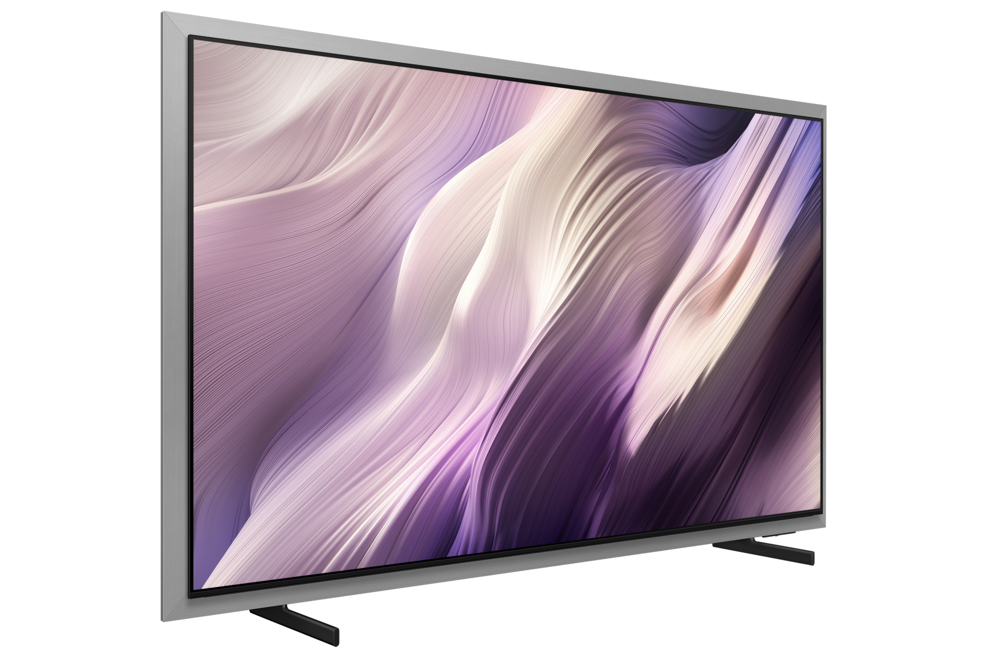 Una TV moderna con cornice argentata, che mostra un motivo astratto e ondulato sullo schermo.