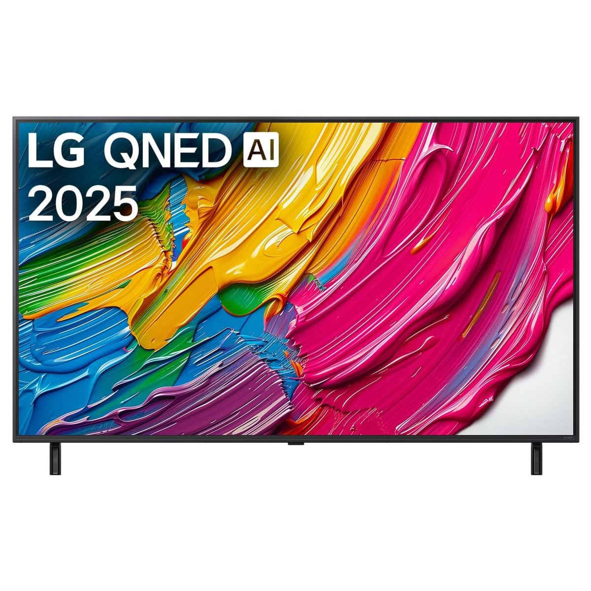 TV LG QNED AI 2025 con vivaci e colorate pennellate astratte.
