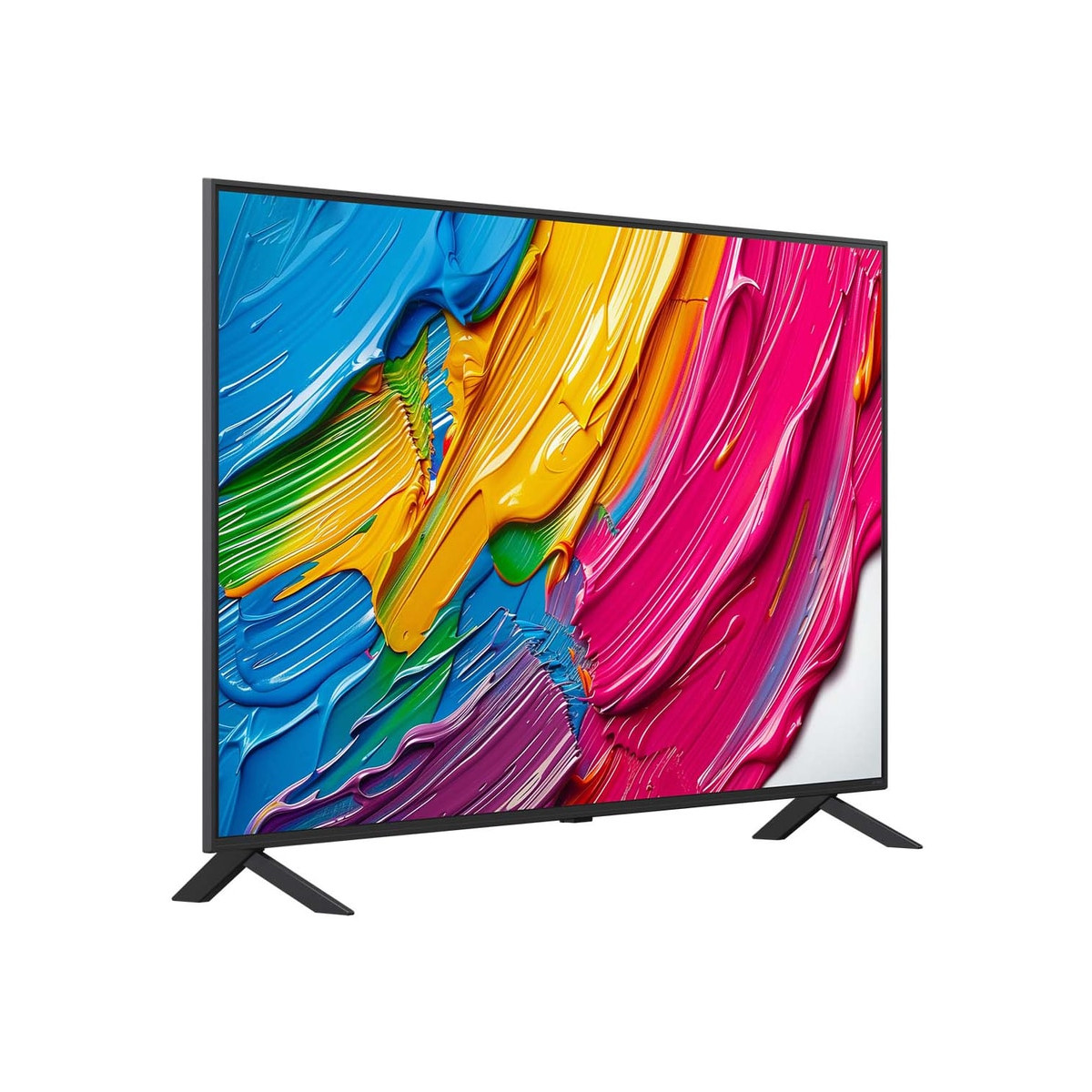 Una TV moderna che mostra un screensaver astratto e colorato.