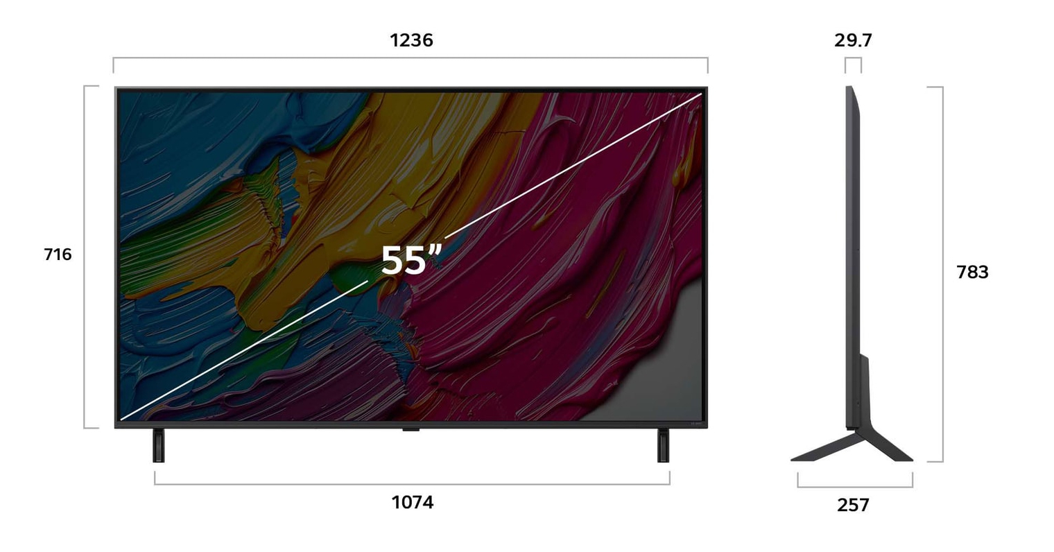 Una TV da 55 pollici con schermo astratto colorato e dimensioni.