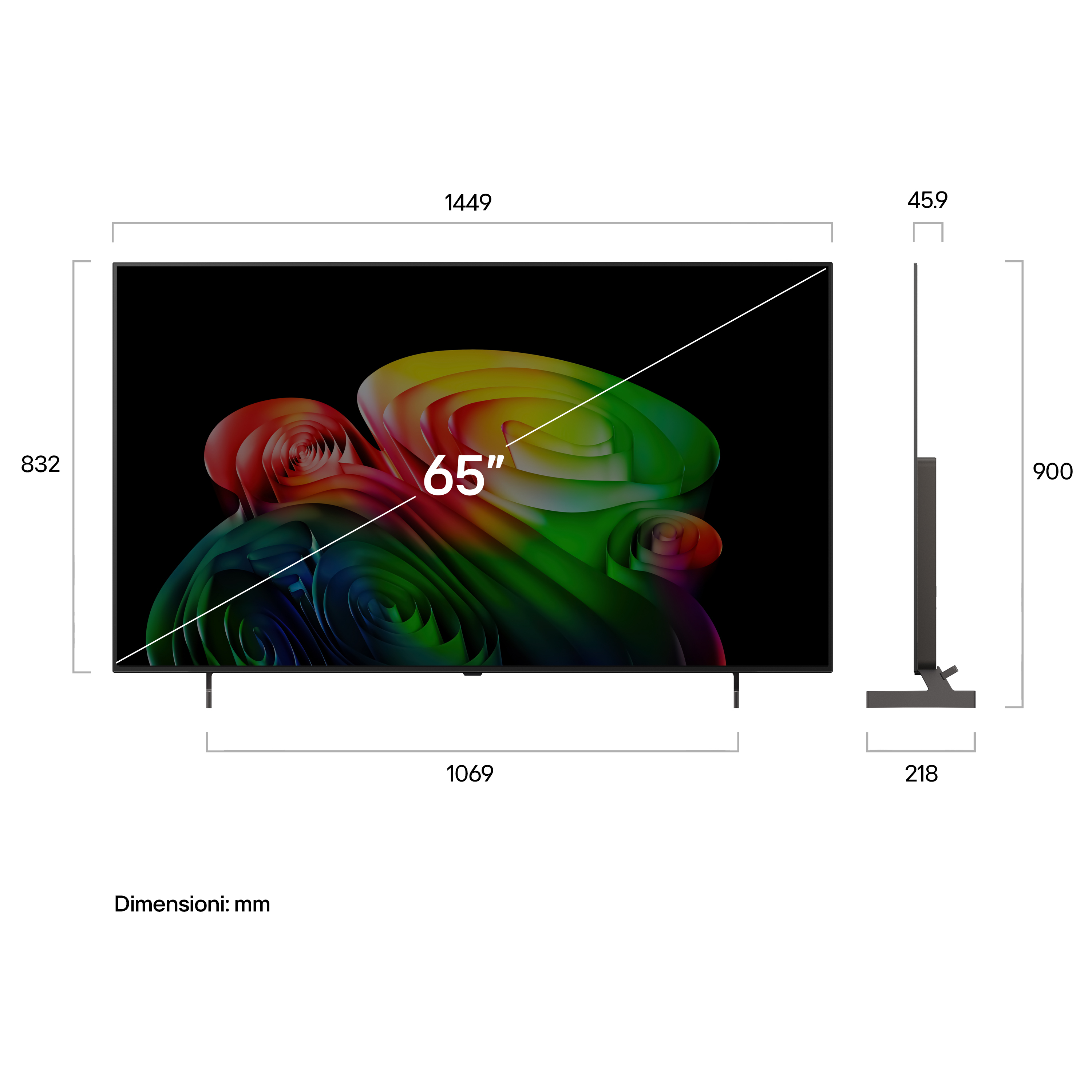 Una TV da 65 pollici con display colorato astratto e dimensioni in mm.