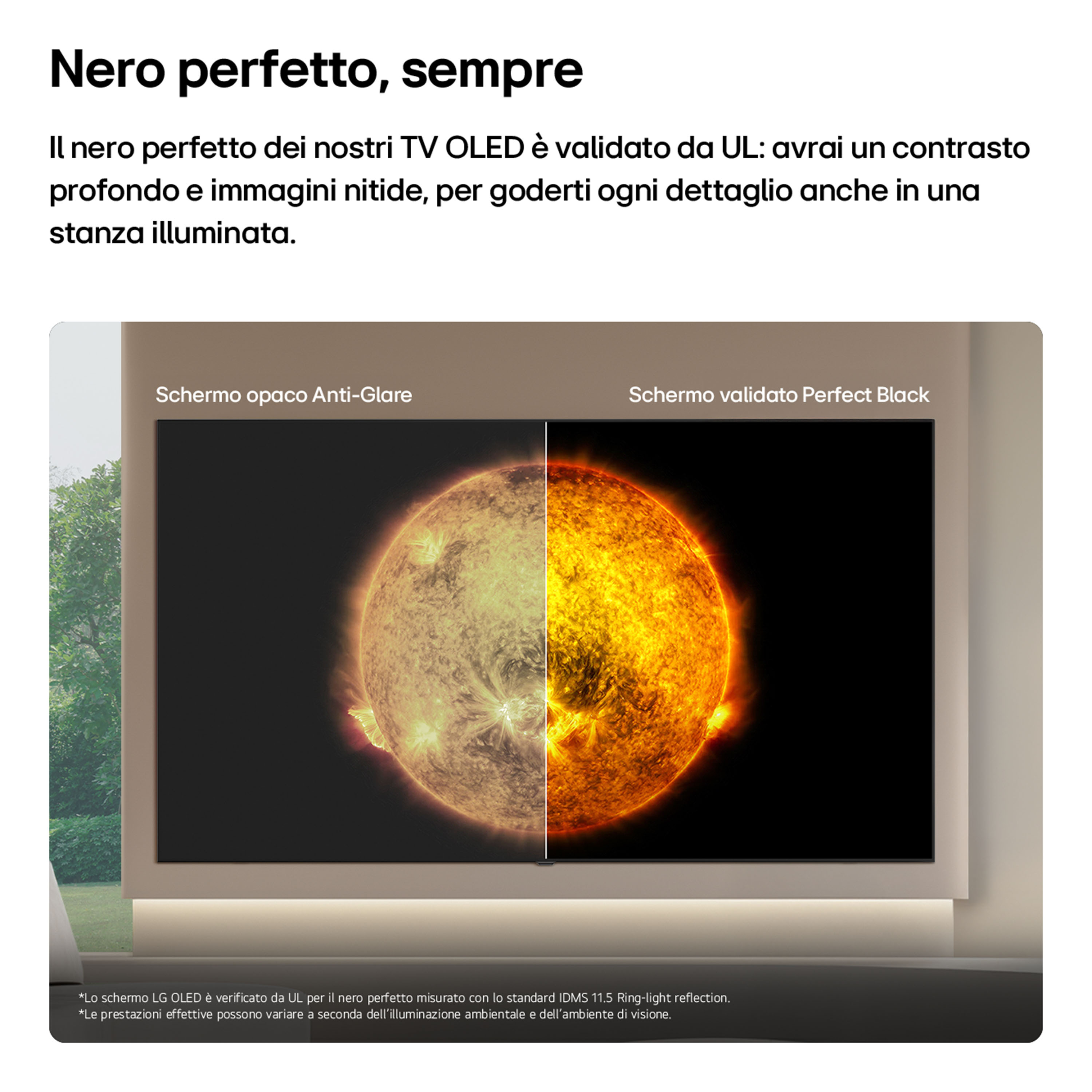 Confronto affiancato di due schermi TV che mostrano il sole, uno con Anti-Glare e uno con Perfect Black.