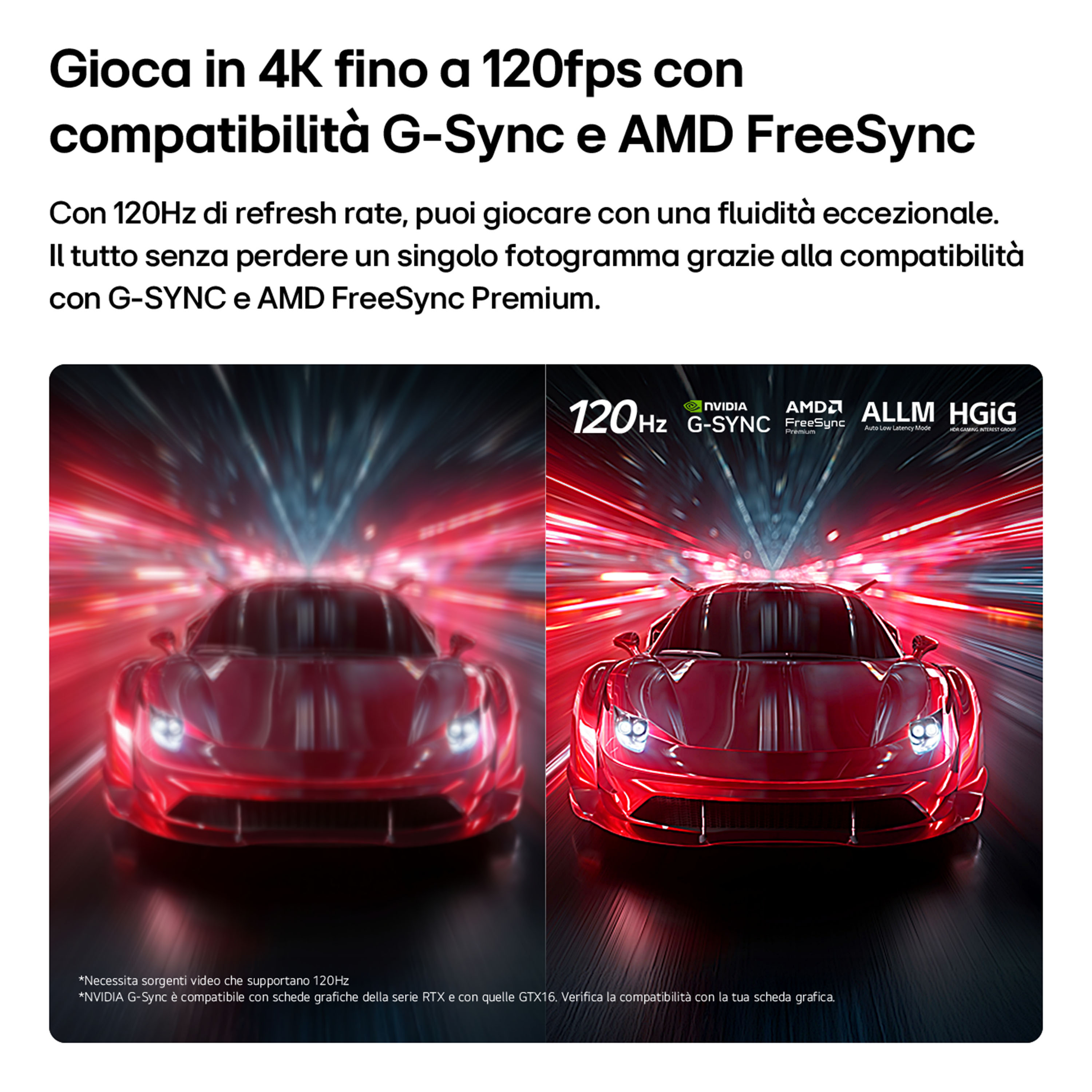 Due auto da corsa rosse, sinistra sfocata, destra nitida. Logo 120Hz.