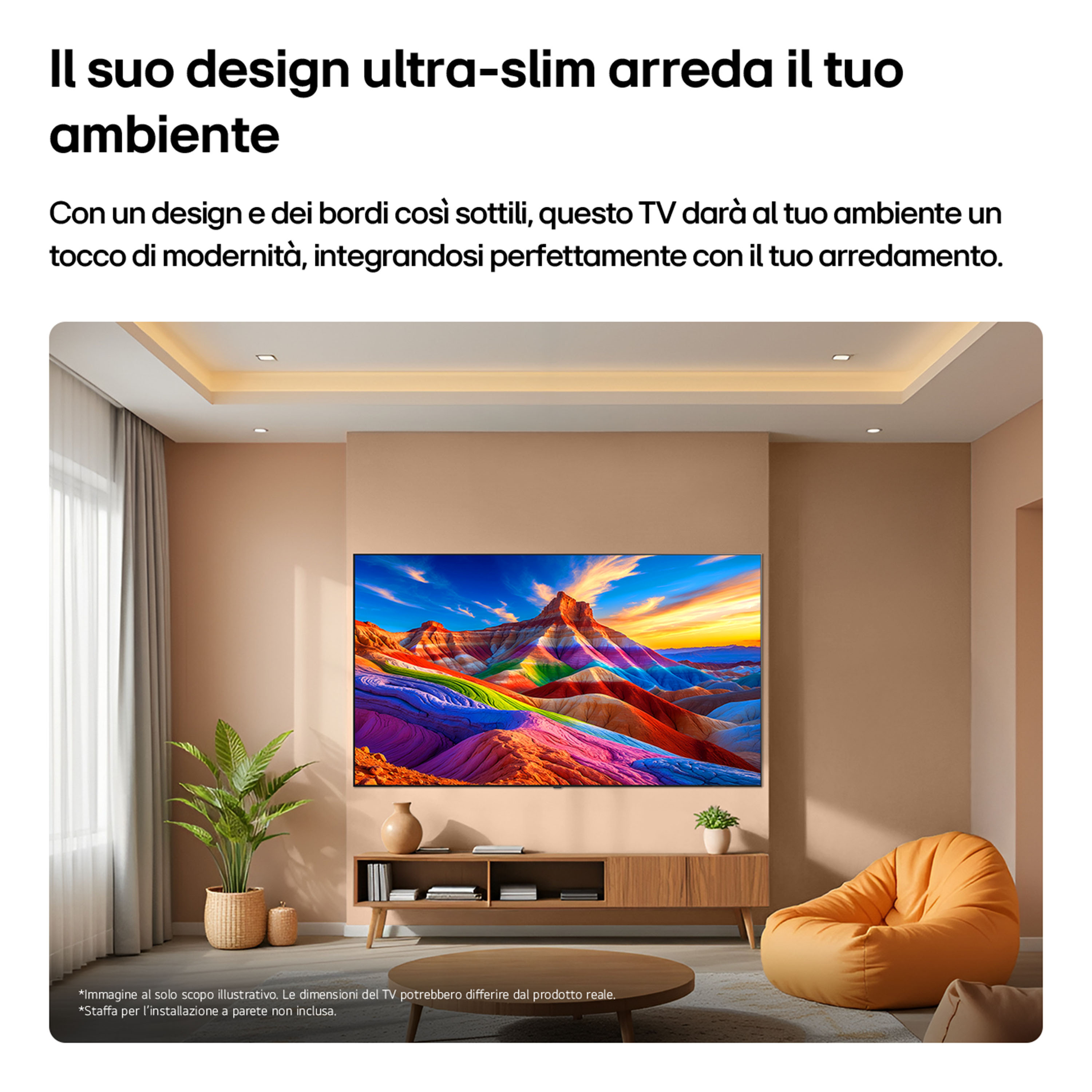 Soggiorno moderno con TV grande e colorato, sedute e pianta.