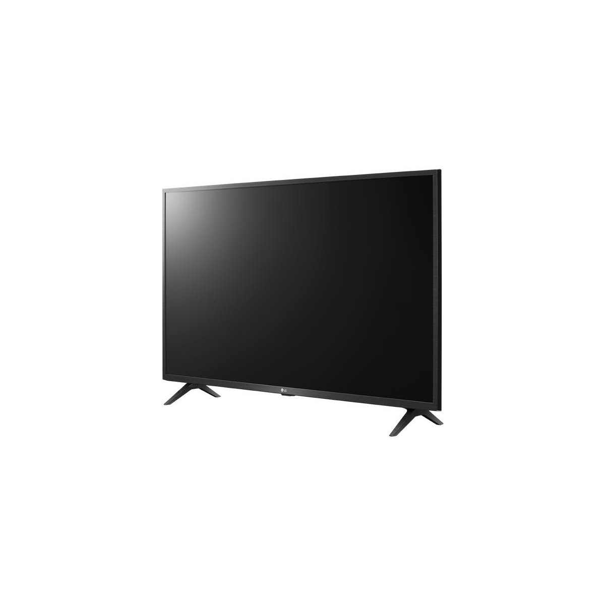 Un televisore LG nero con schermo largo e due piedini.
