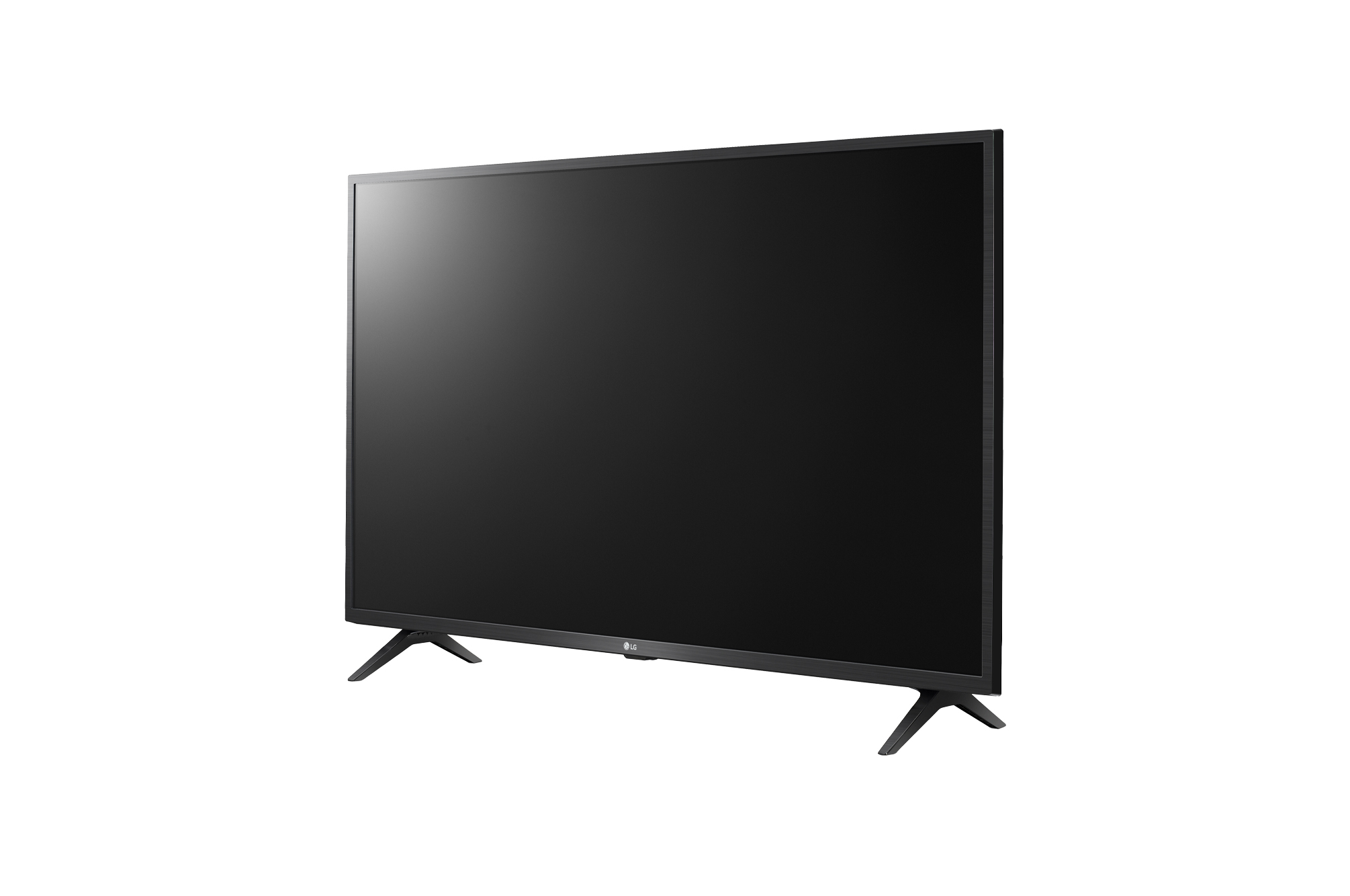 Un televisore LG nero su due gambe, isolato su sfondo bianco.