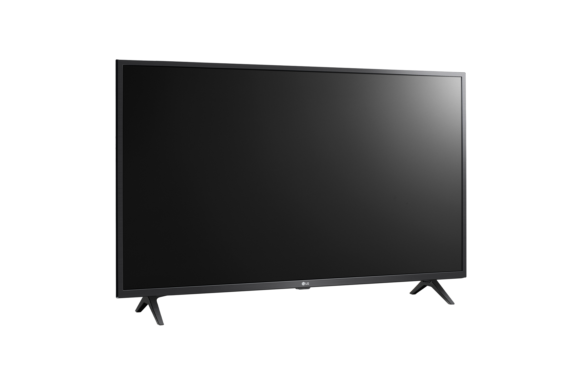 Un televisore LG nero con supporto, isolato su sfondo bianco.