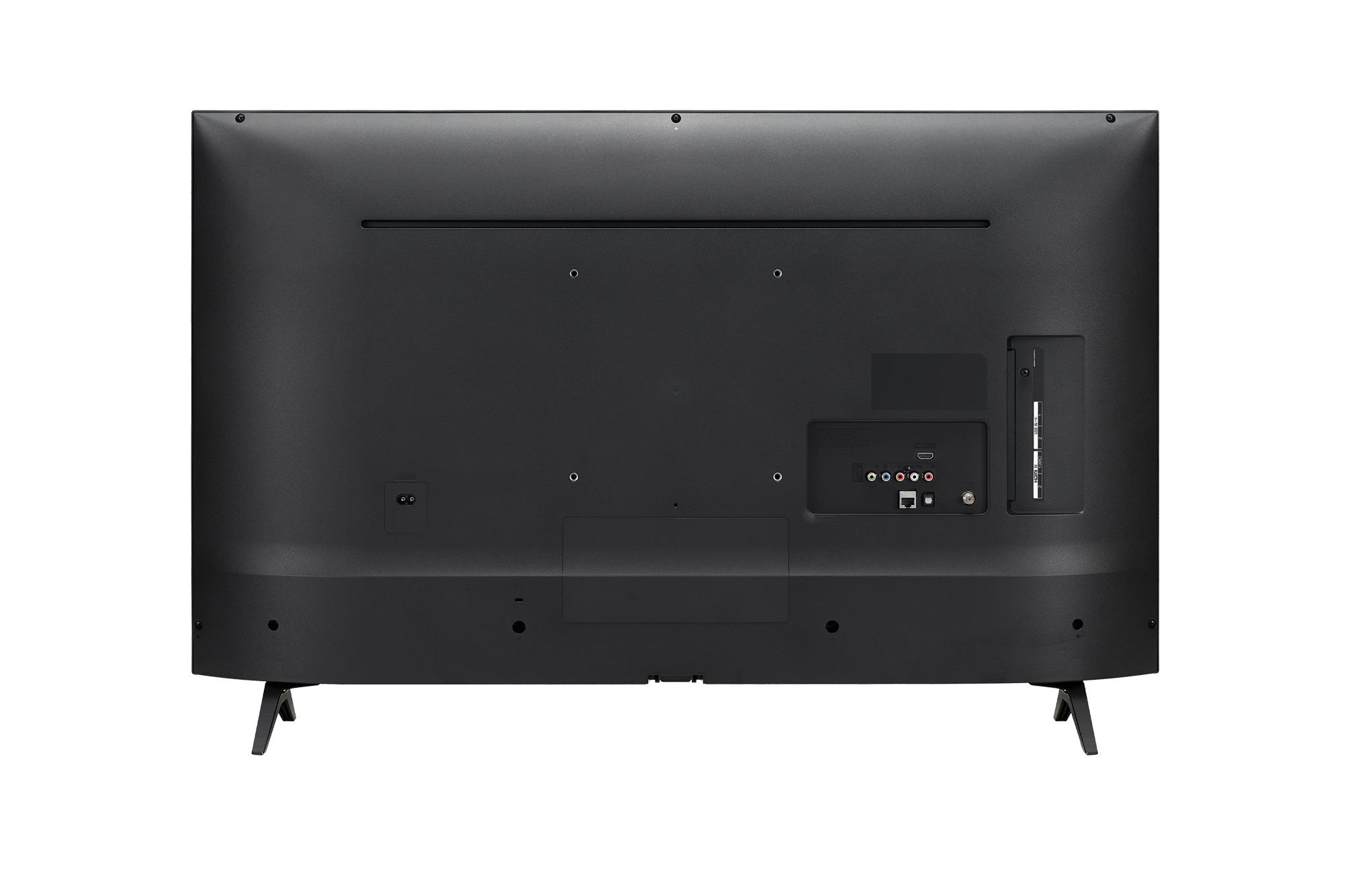 Retro di una TV nera con porte e gambe del supporto.
