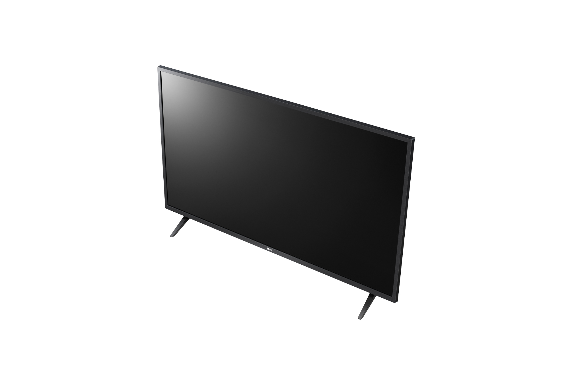 Televisore LG nero con supporto su sfondo bianco.
