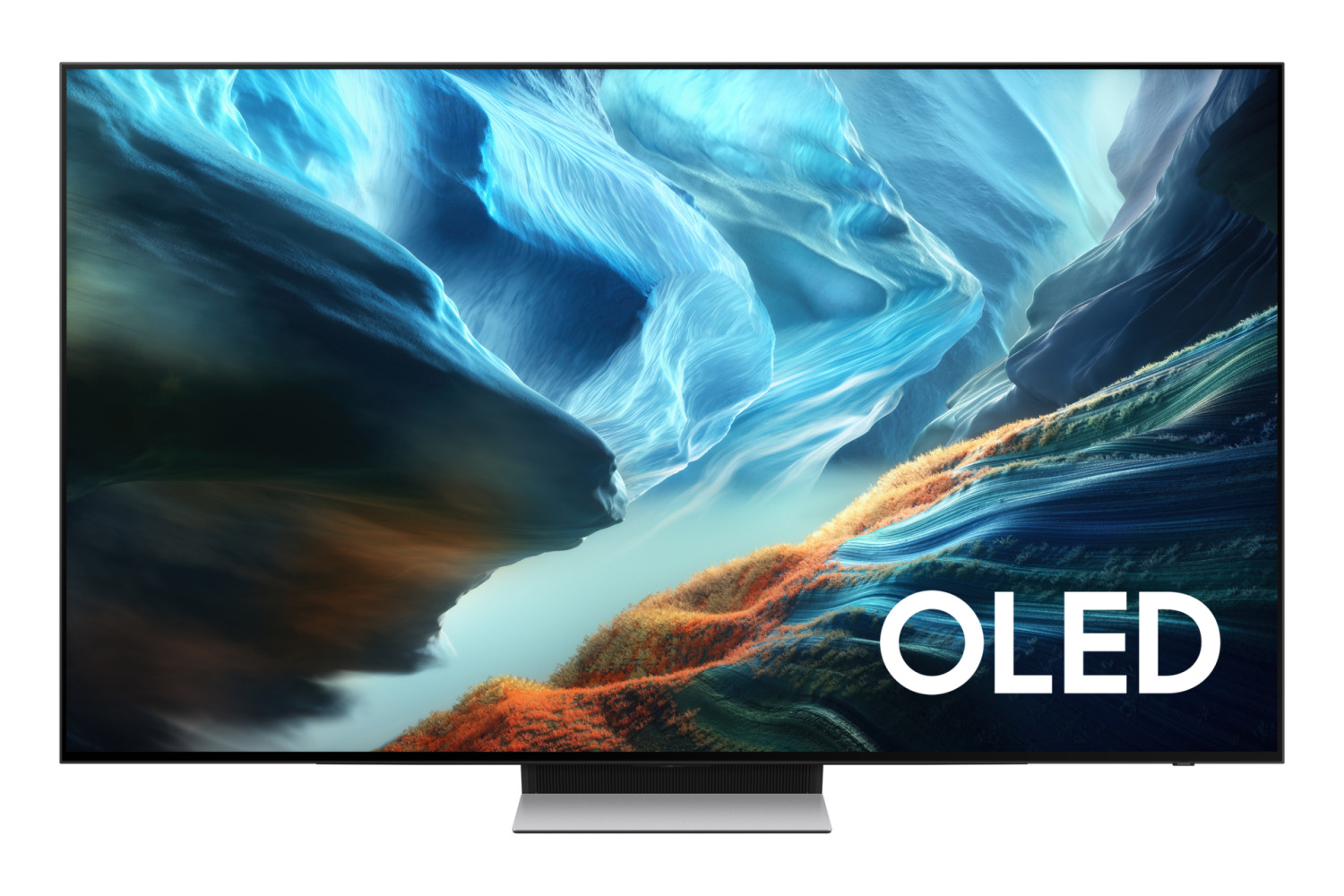 Una moderna TV OLED con uno sfondo astratto blu e arancione sullo schermo.