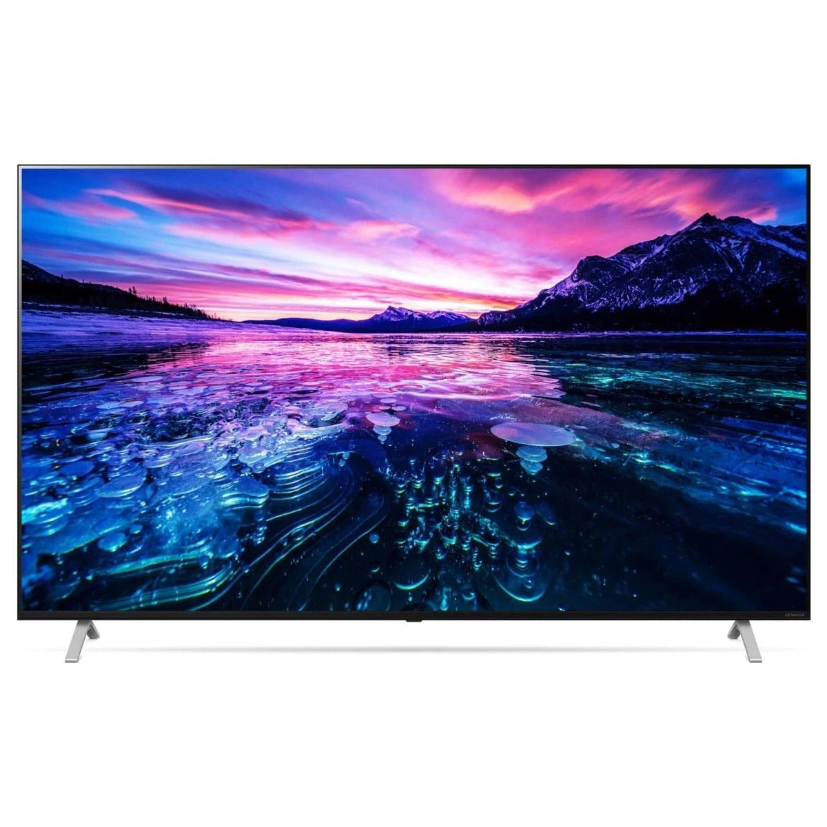 Una moderna TV a schermo piatto mostra un'immagine vibrante di un lago ghiacciato al tramonto.