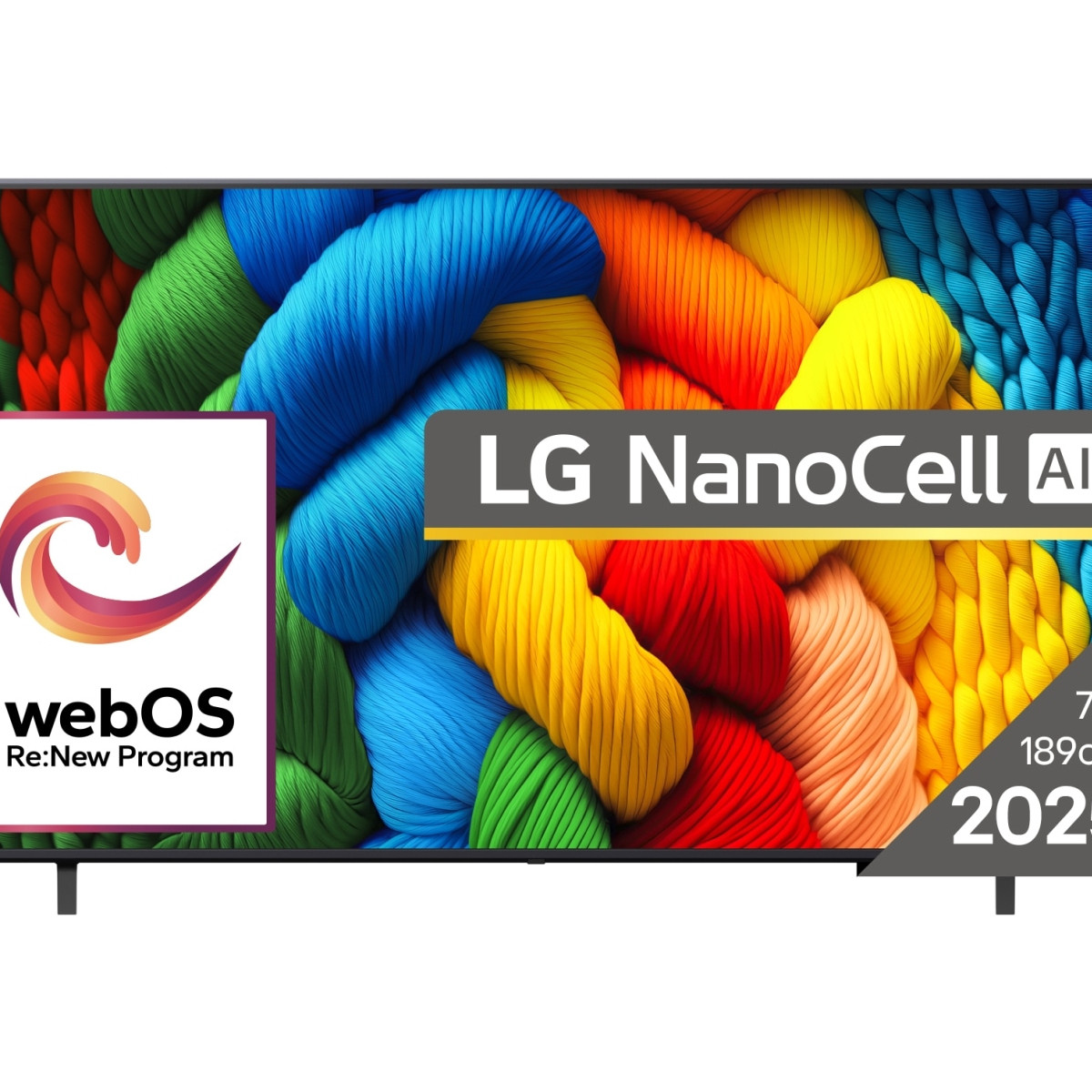 Una TV LG NanoCell AI con filati colorati e il logo webOS.